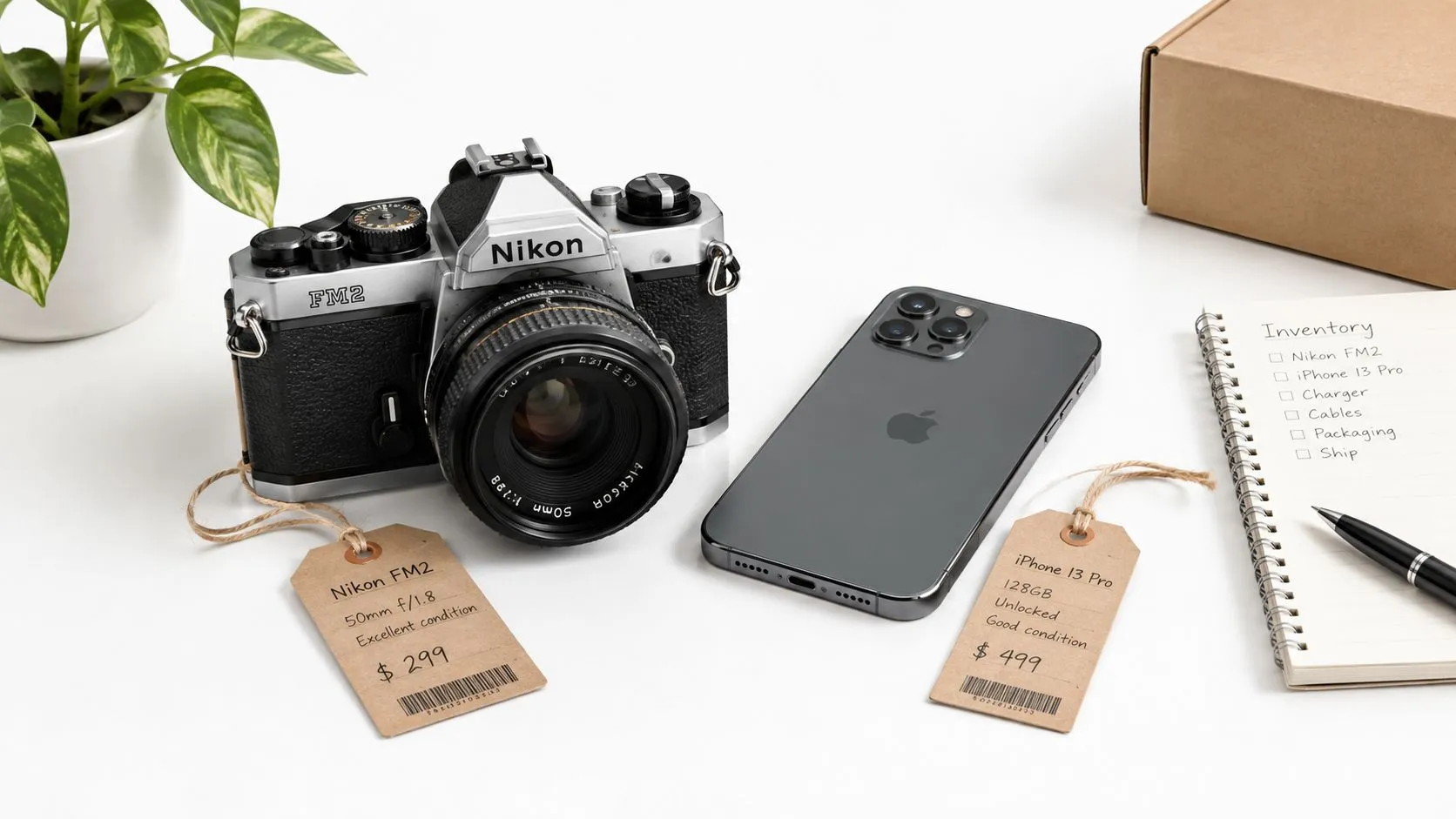 Un appareil photo Nikon FM2 et un iPhone 13 Pro avec des étiquettes de prix sur une table.