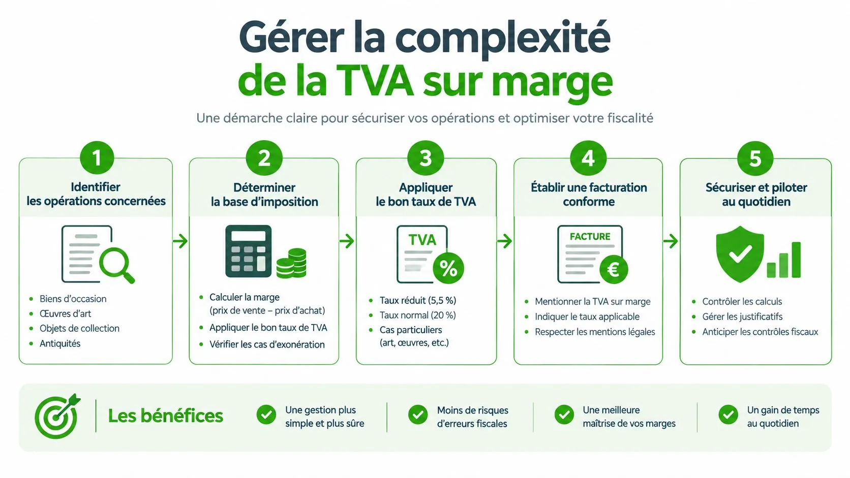 Infographie illustrant les cinq étapes clés pour gérer efficacement la TVA sur la marge commerciale.