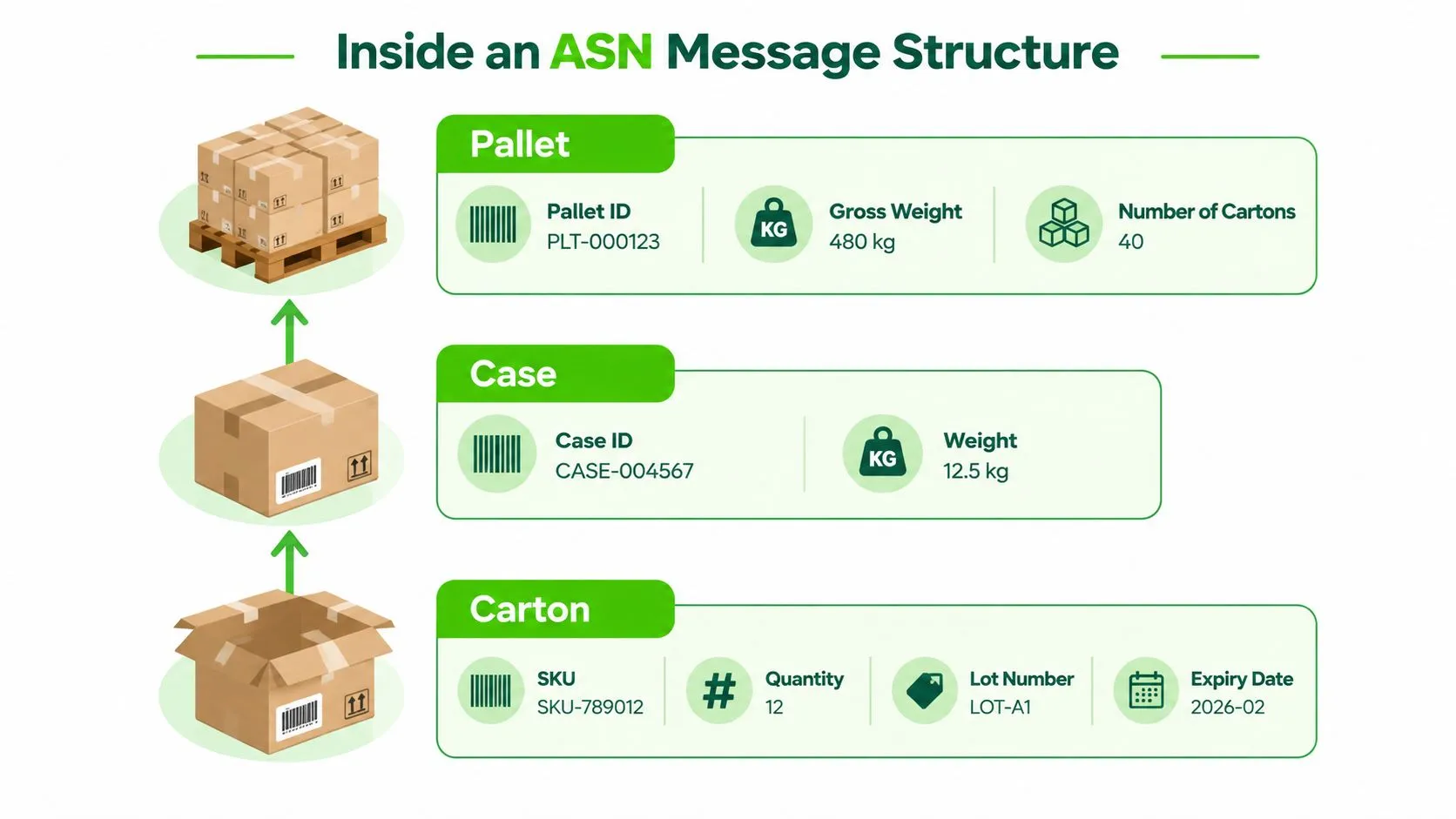An infographic illustrating the hierarchical structure of an Advanced Shipping Notice message, detailing Pallet, Case, and Carton levels.