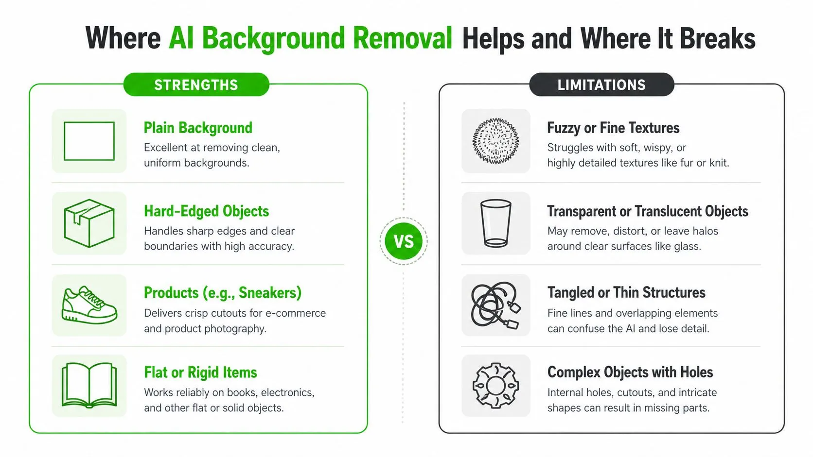 An infographic comparing the strengths and limitations of AI background removal tools for various object types.
