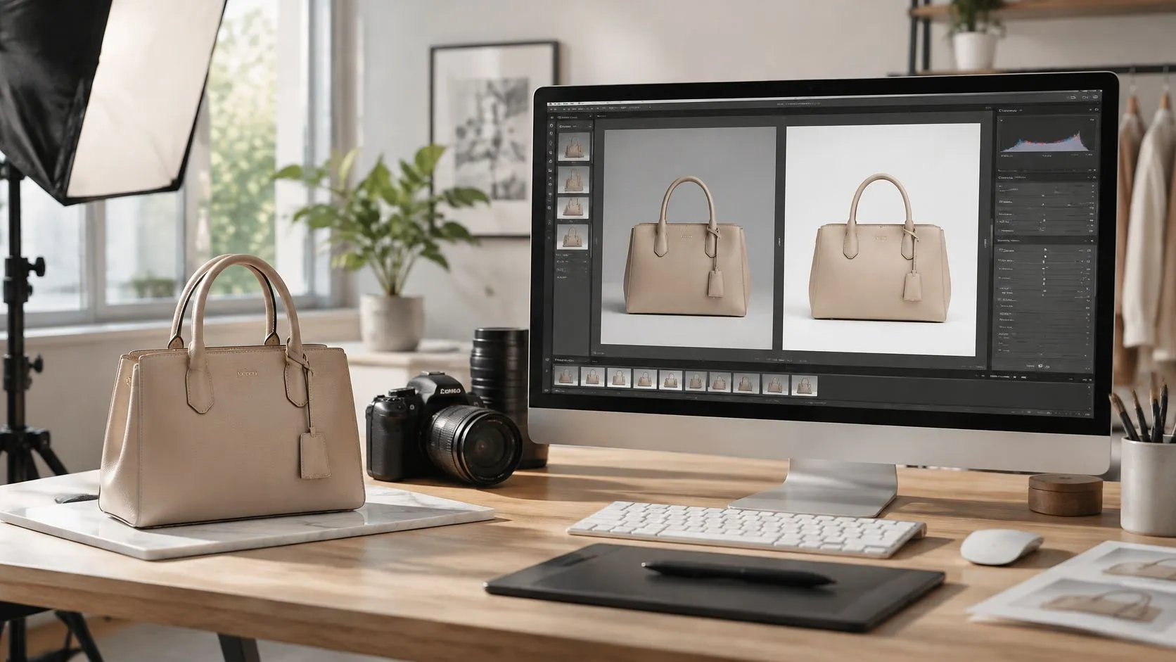 Un escritorio de trabajo con un bolso de cuero beige, una cámara profesional y una computadora editando fotografías.