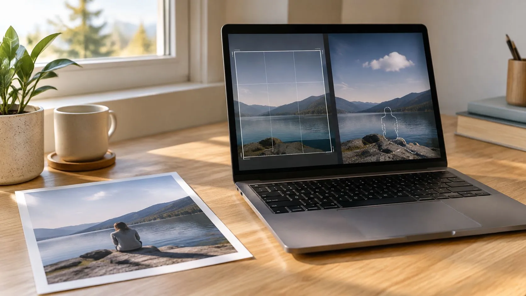 Un ordenador portátil mostrando software de edición de fotos con IA junto a una fotografía impresa