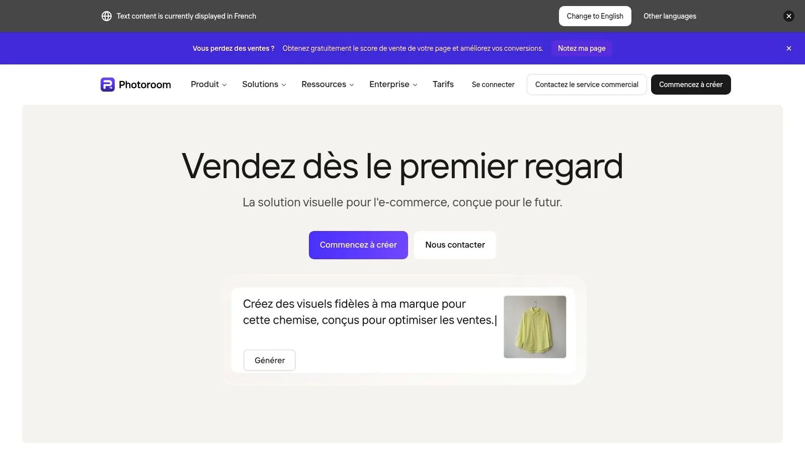 Interface de l'éditeur photo IA Photoroom