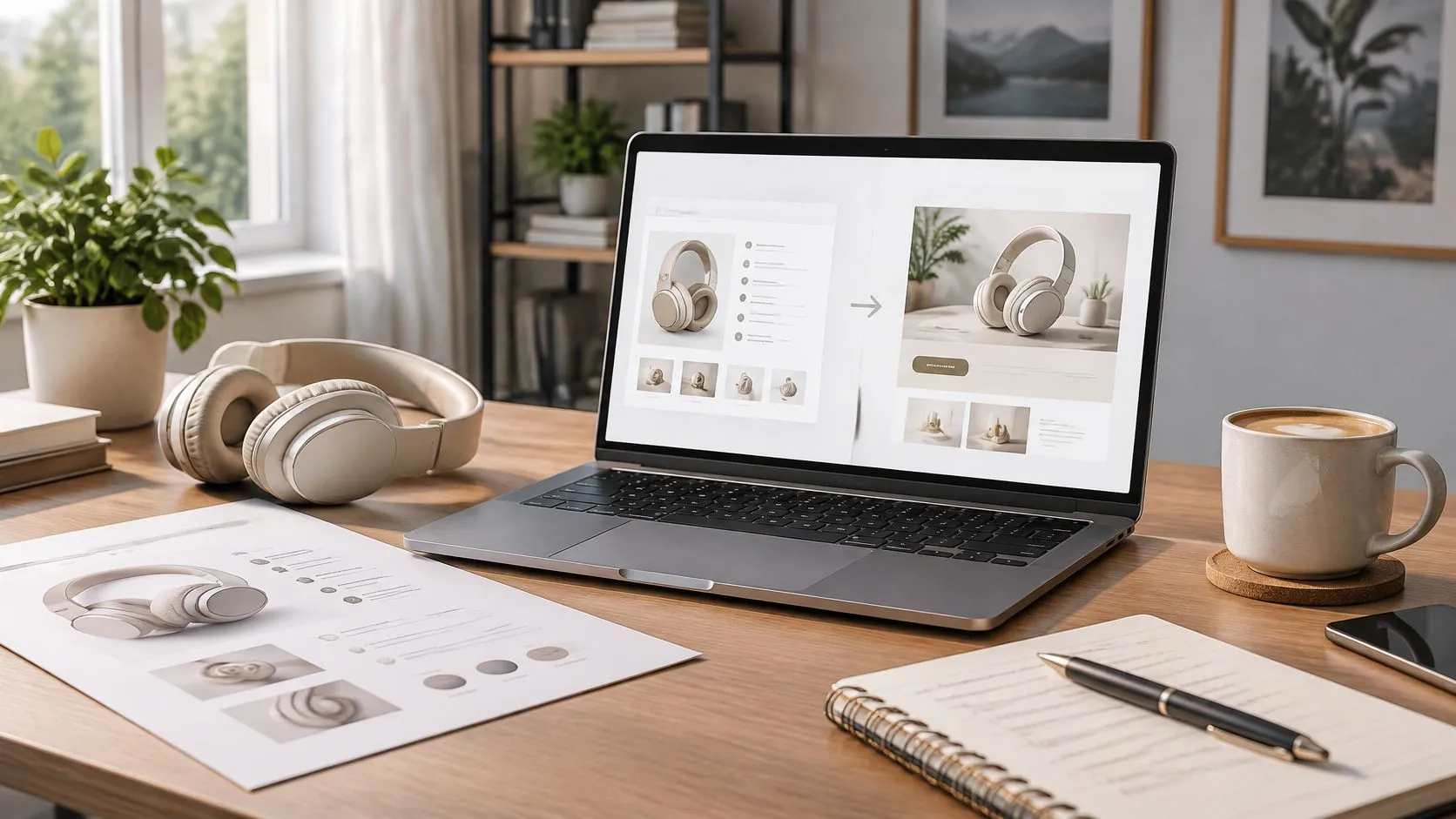 Ordenador portátil mostrando diseños de publicidad junto a auriculares inalámbricos y materiales de oficina sobre escritorio