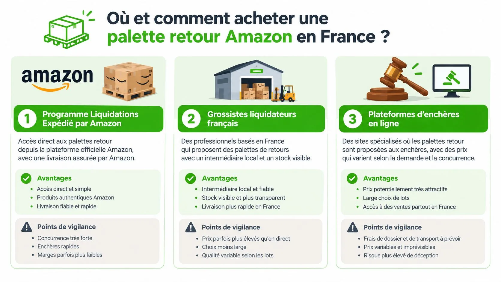 Infographie montrant trois méthodes pour acheter des palettes de retour Amazon en France : direct, grossistes, ou enchères.