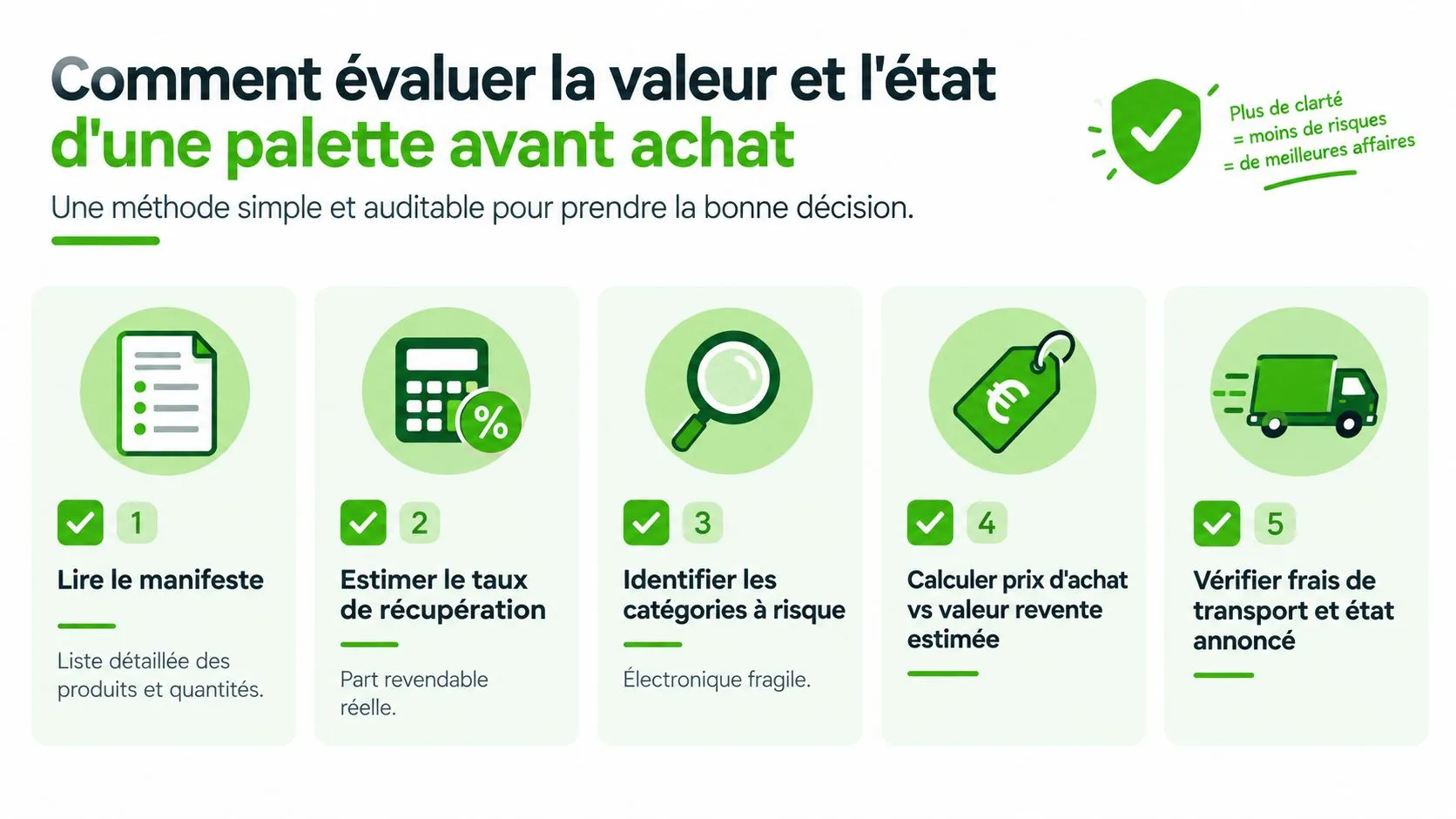 Infographie montrant cinq étapes pour évaluer la valeur et l'état d'une palette de marchandises avant achat.