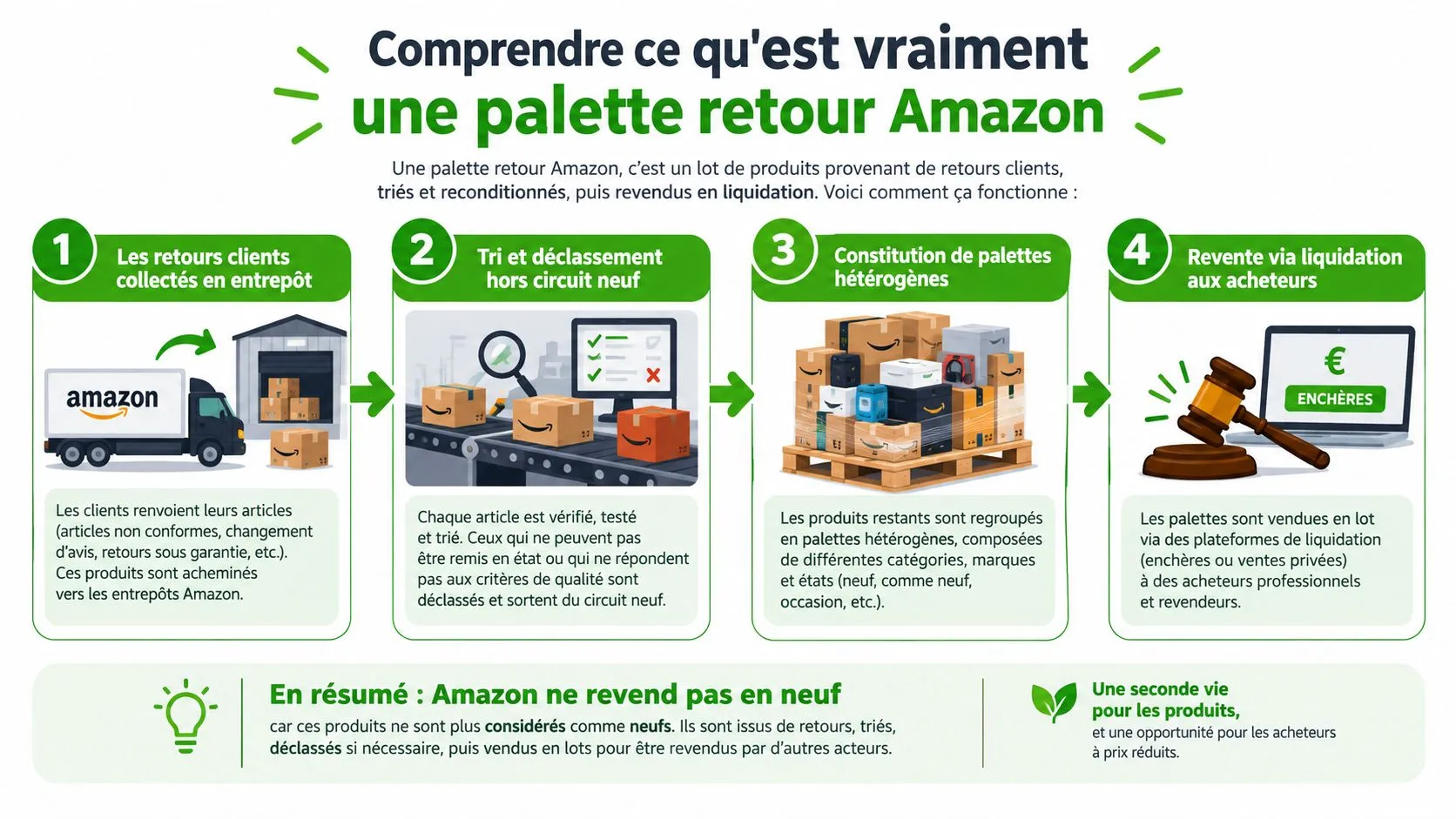 Infographie expliquant le processus de tri, de reconditionnement et de revente des palettes de retours clients Amazon.