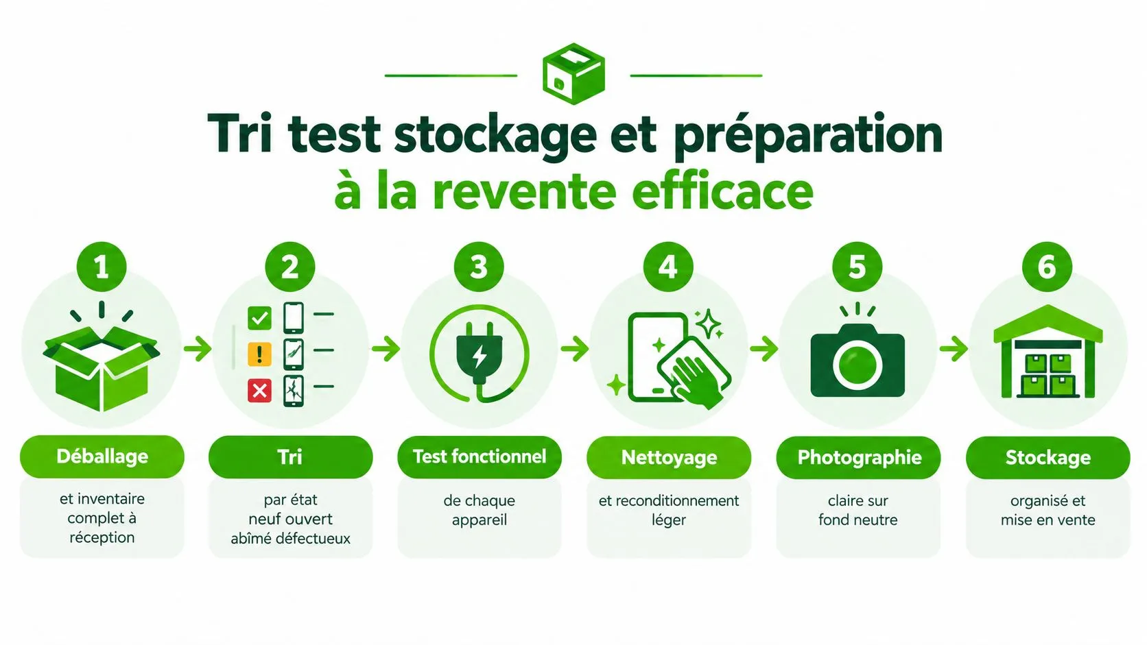 Processus en six étapes pour la gestion efficace des retours, du déballage au stockage pour la revente.