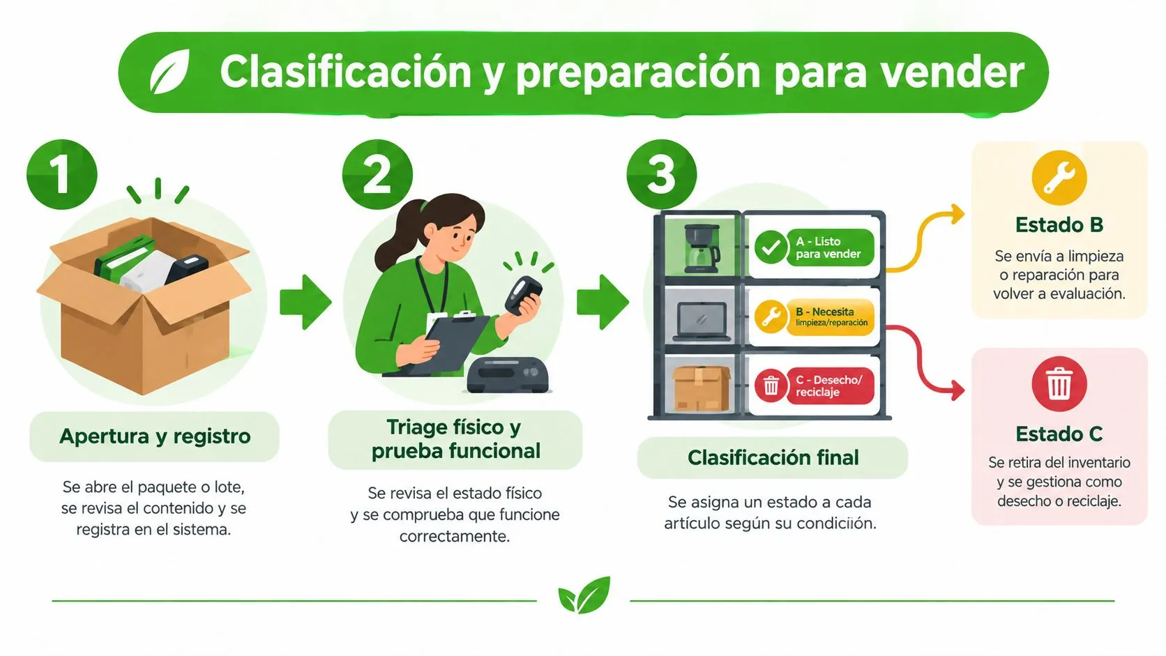 Infografía que muestra el proceso de tres pasos para clasificar y preparar devoluciones de productos para su venta.