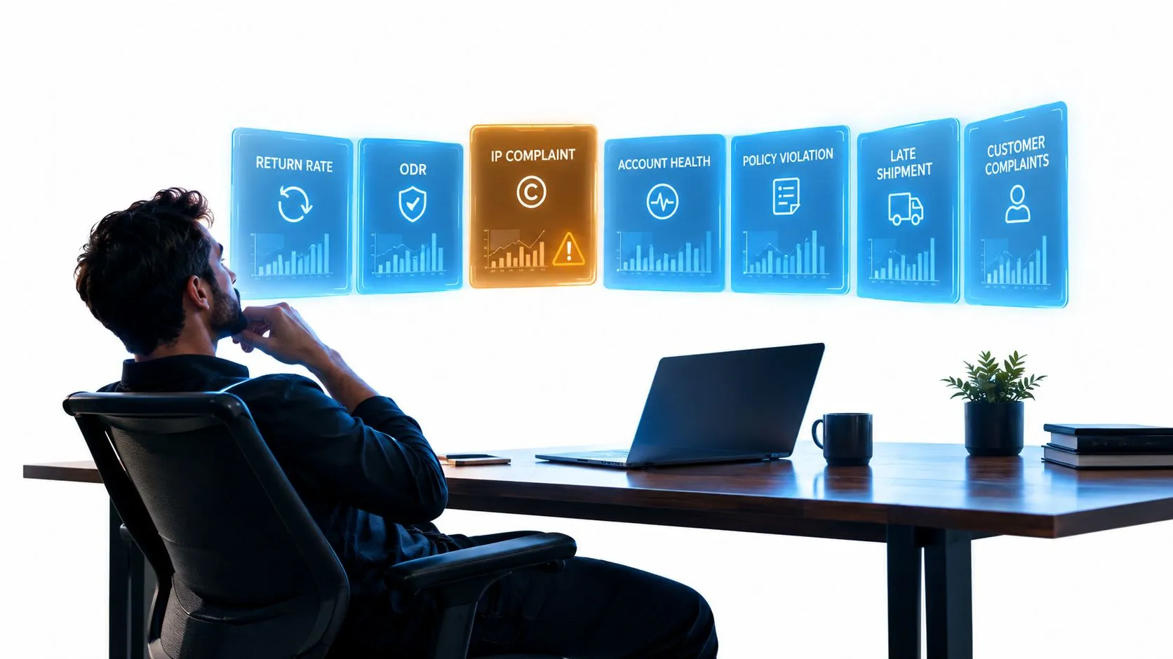 A professional man sitting at a desk looking at floating digital displays showing Amazon account metrics and issues.
