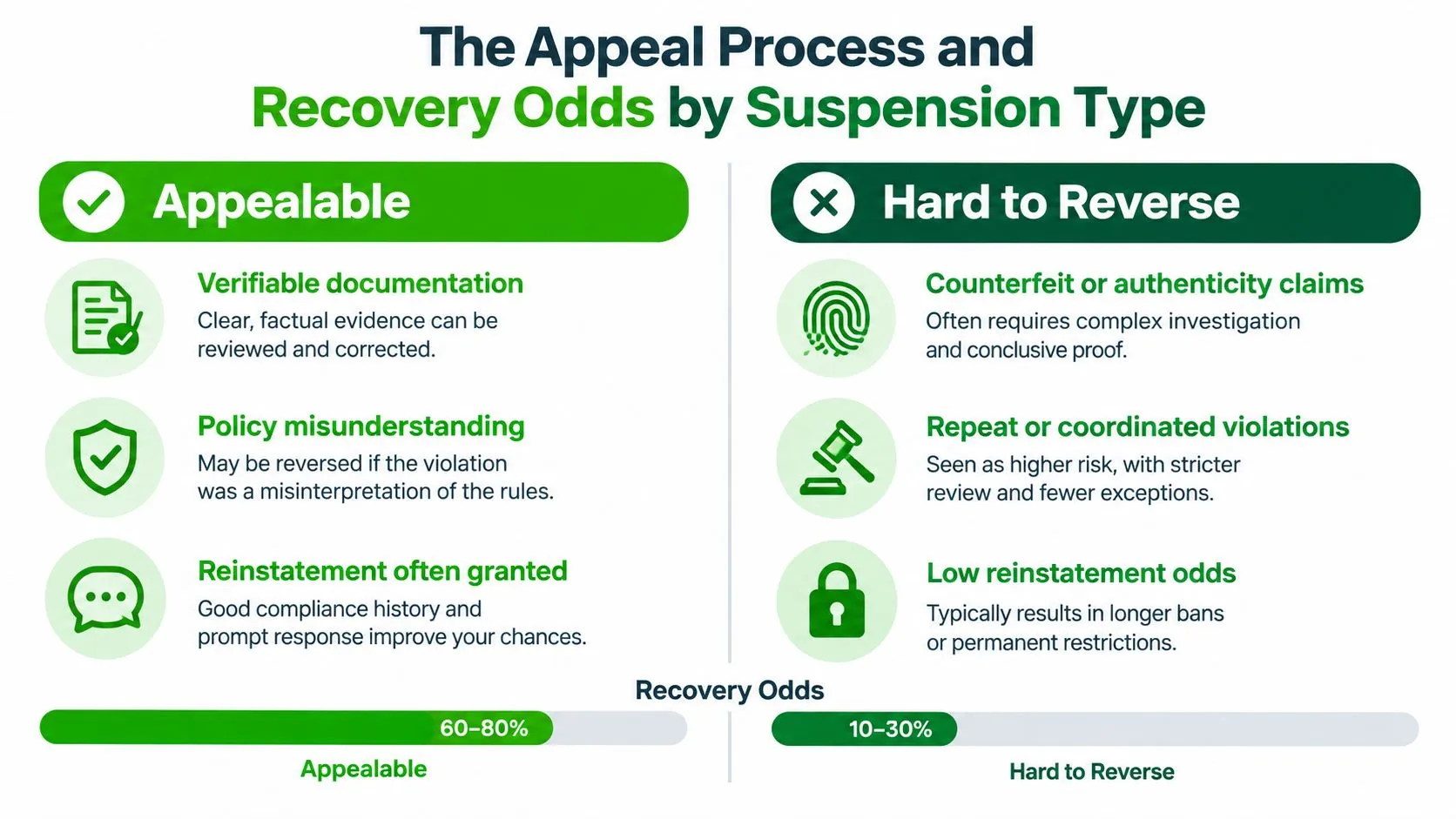 An infographic showing the appeal process and recovery odds for account suspensions, categorized as either appealable or hard to reverse.