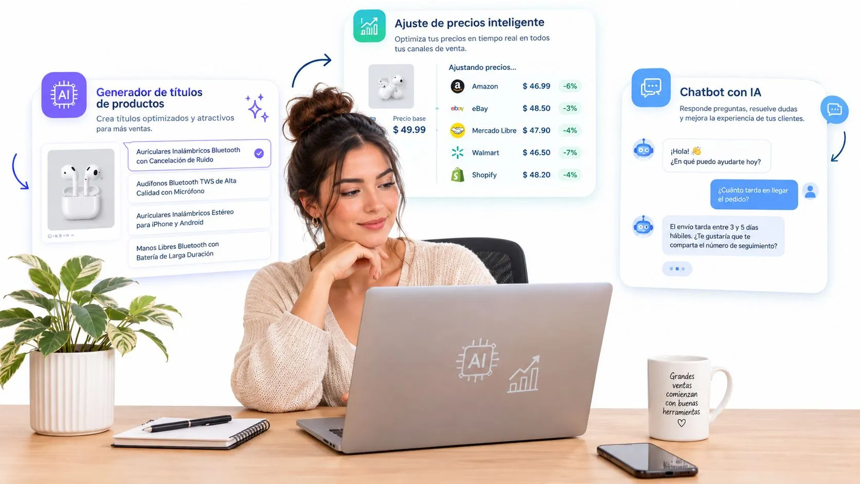 Una mujer trabaja en una computadora portátil rodeada de herramientas de inteligencia artificial para optimizar sus ventas online.