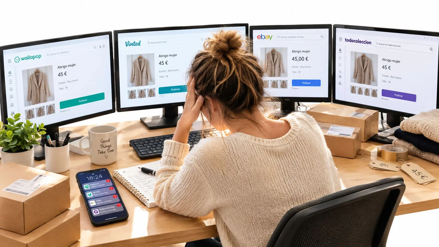 Una mujer estresada frente a varios monitores gestionando la venta de ropa online en diferentes plataformas digitales.
