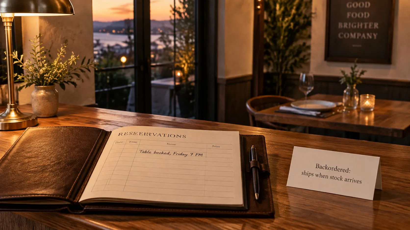 A leather reservation book on a restaurant host stand with a sign indicating a backordered status.