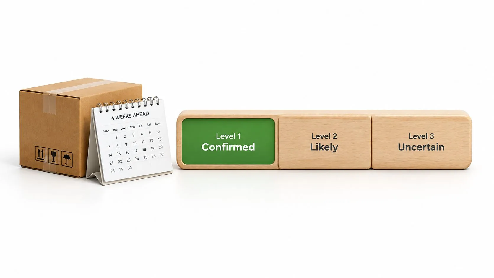 A cardboard package, a calendar labeled 4 weeks ahead, and wooden blocks showing levels of supply chain confidence.