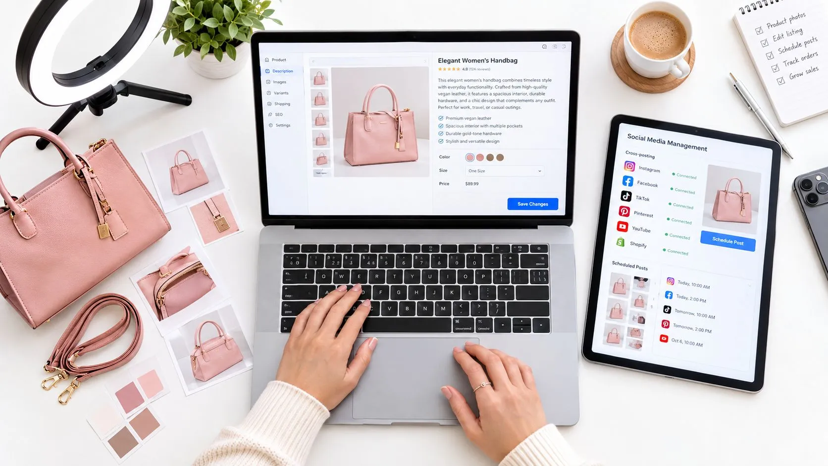 Une personne utilisant un ordinateur portable pour gérer une boutique en ligne et ses réseaux sociaux.