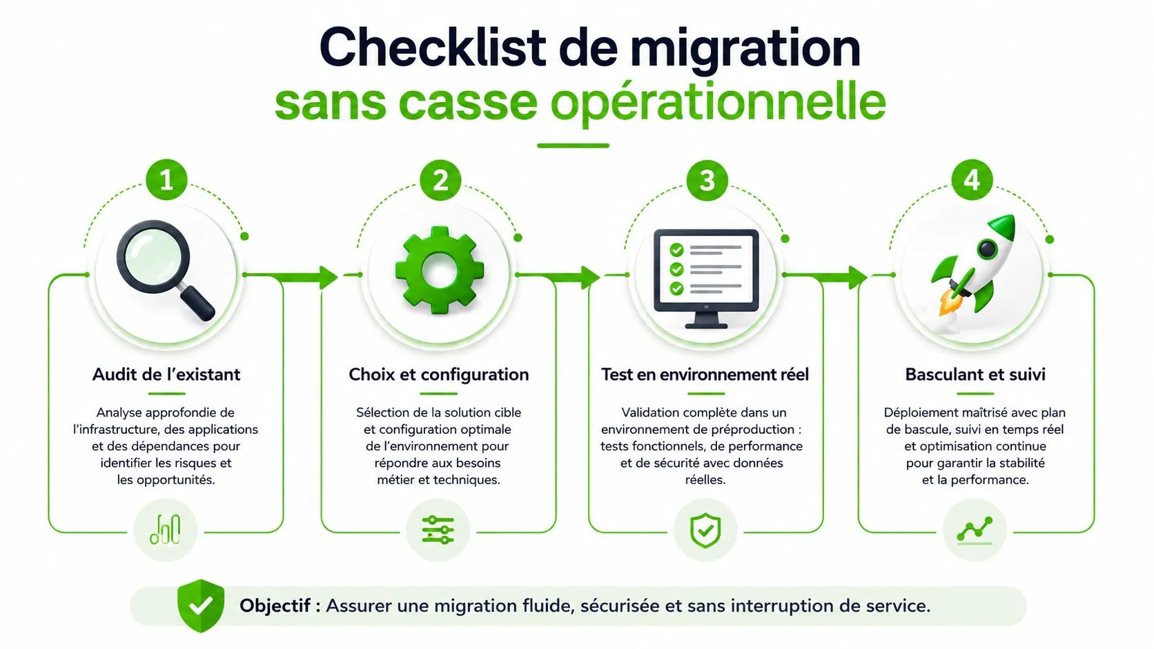 Une infographie présentant un processus en quatre étapes pour une migration technique fluide et sécurisée.