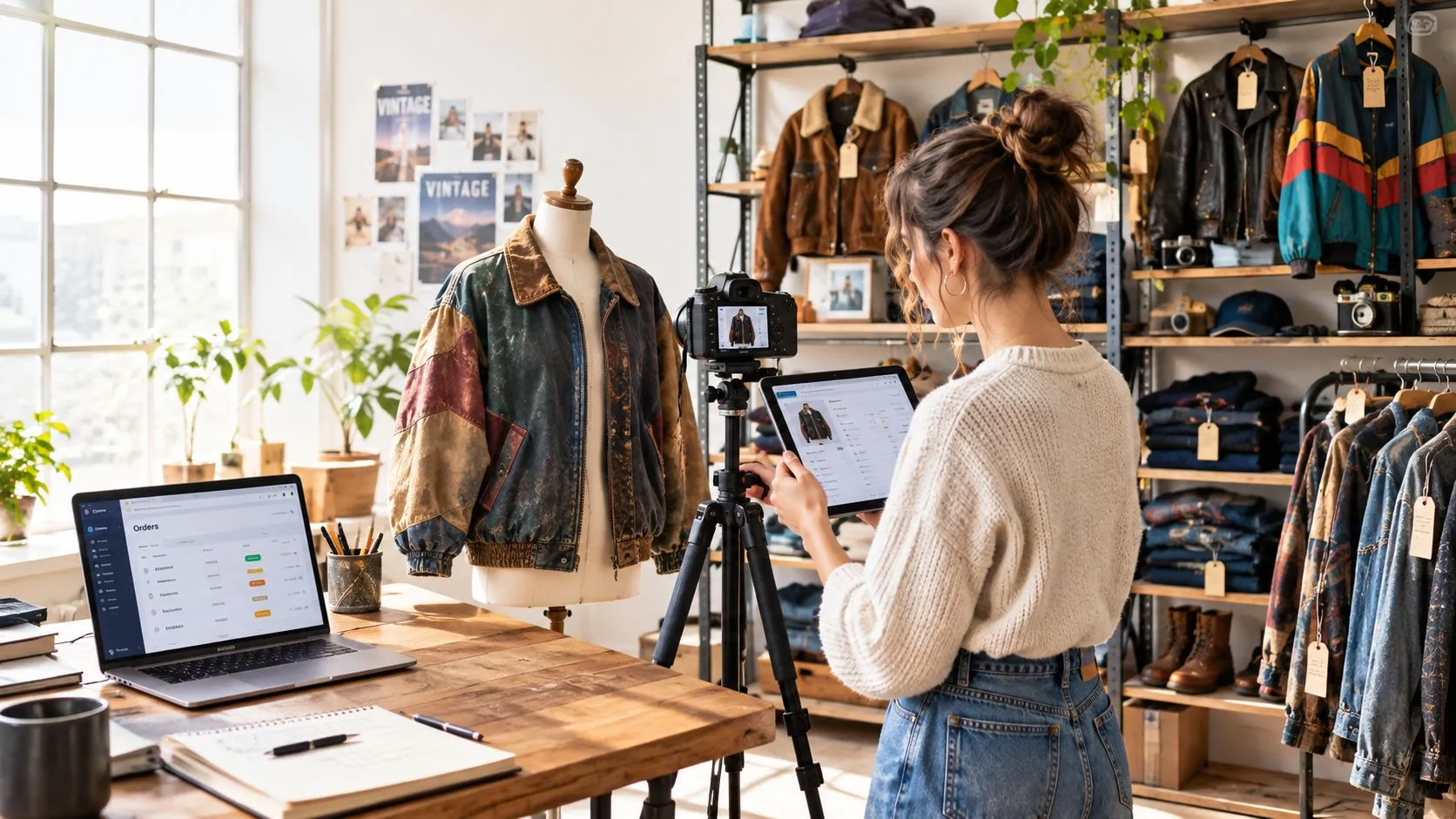 A woman using a tablet and camera to manage online vintage clothing orders in a boutique shop.