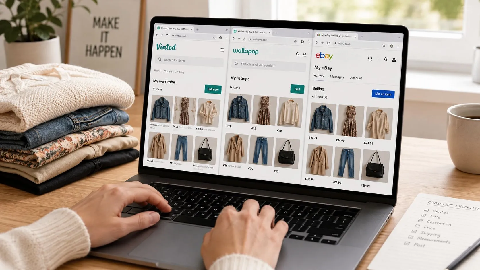 Une personne utilise un ordinateur portable pour gérer des ventes de vêtements en ligne sur plusieurs plateformes simultanément.