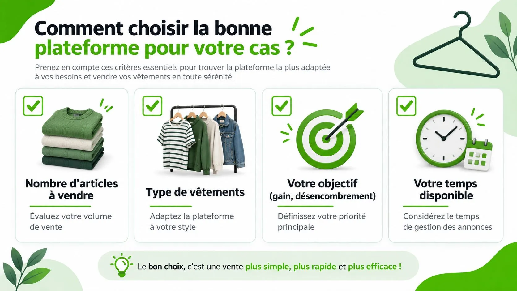 Infographie montrant comment choisir la plateforme idéale pour vendre ses vêtements en ligne selon quatre critères essentiels.