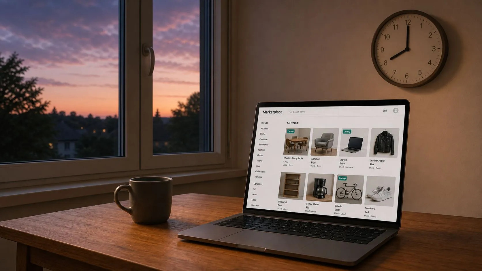 A modern laptop on a wooden desk showing an online marketplace while sunset glows outside the window.