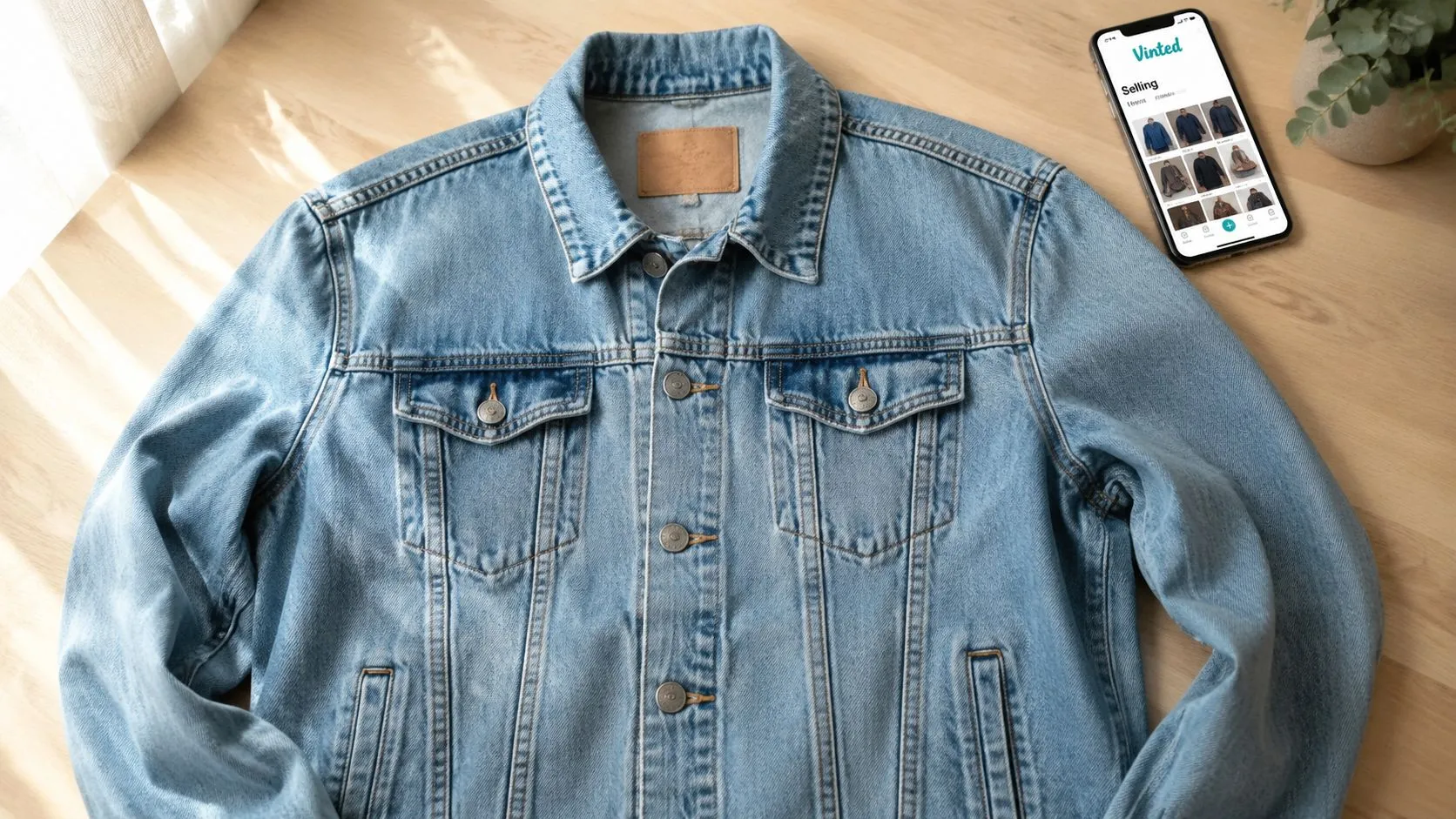 Une veste en jean bleue posée sur une table en bois près d'un smartphone affichant l'application Vinted.