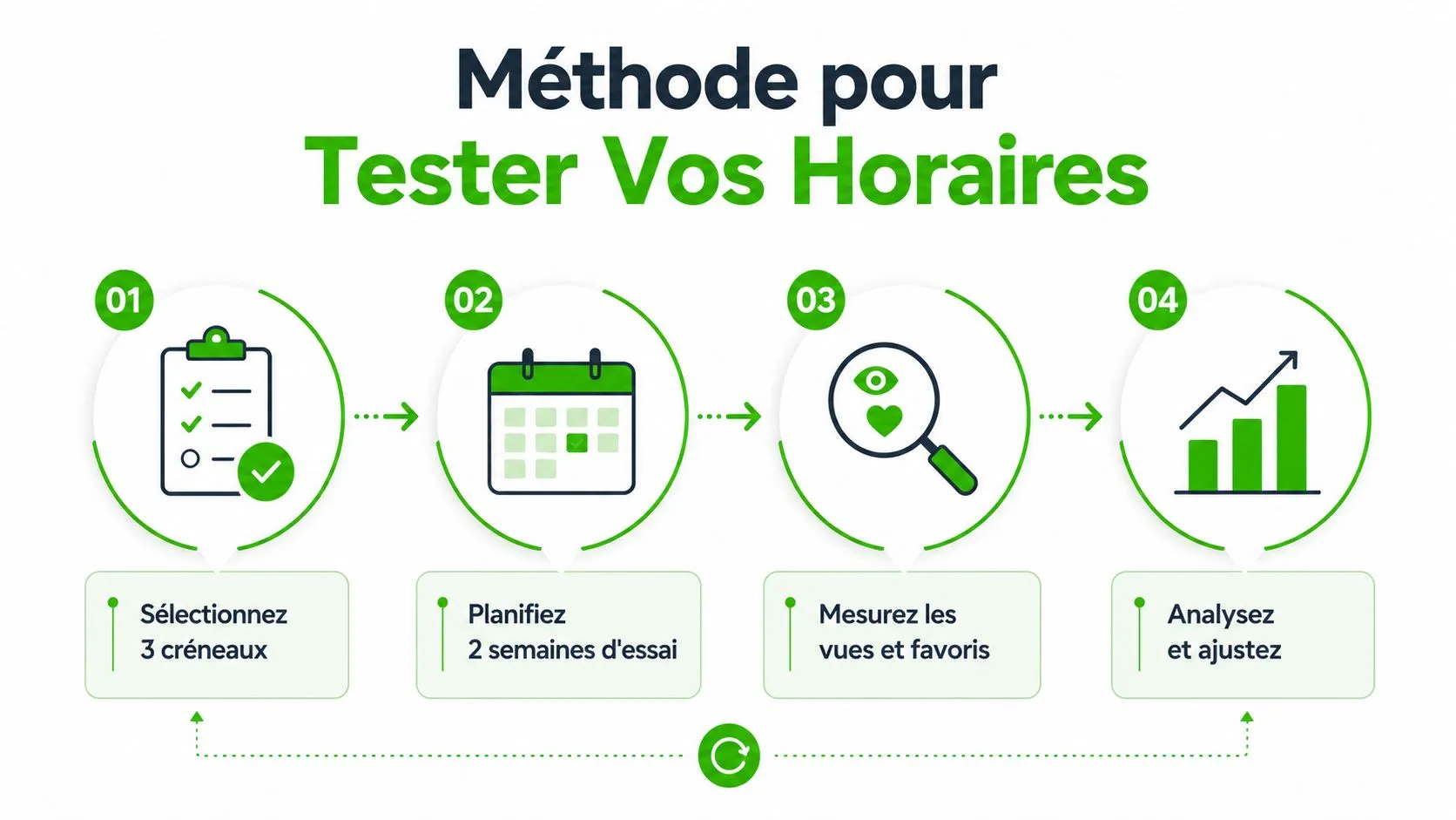 Une infographie en quatre étapes expliquant la méthode pour tester et optimiser ses horaires de publication sur Vinted.