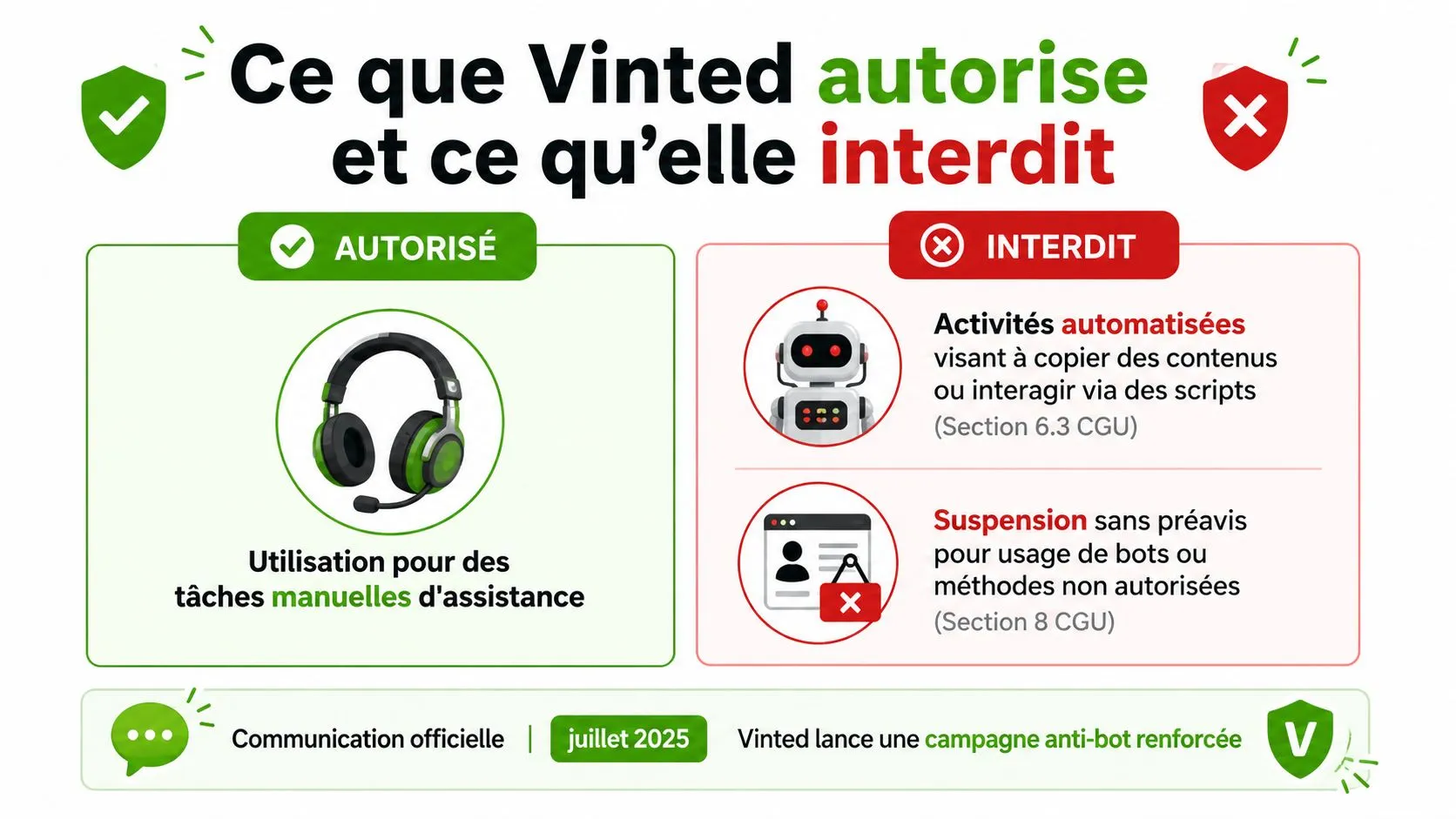Infographie illustrant les pratiques autorisées et interdites sur Vinted concernant l'utilisation de bots et d'automatisation.