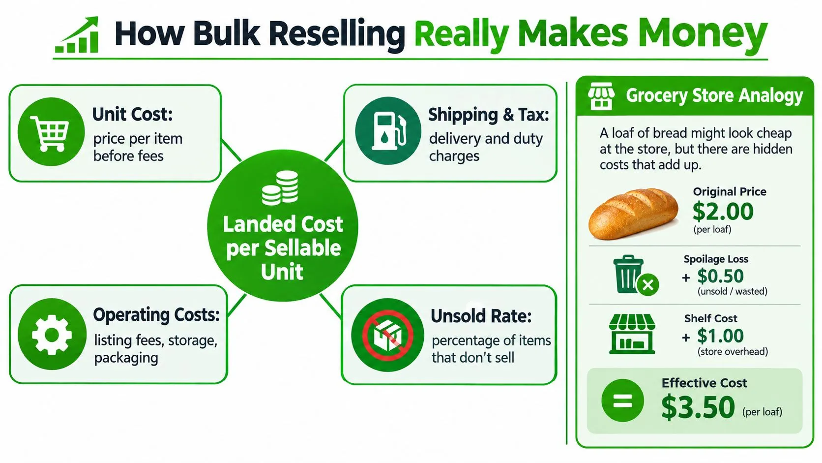 An infographic showing factors affecting the landed cost per sellable unit in bulk reselling business models.