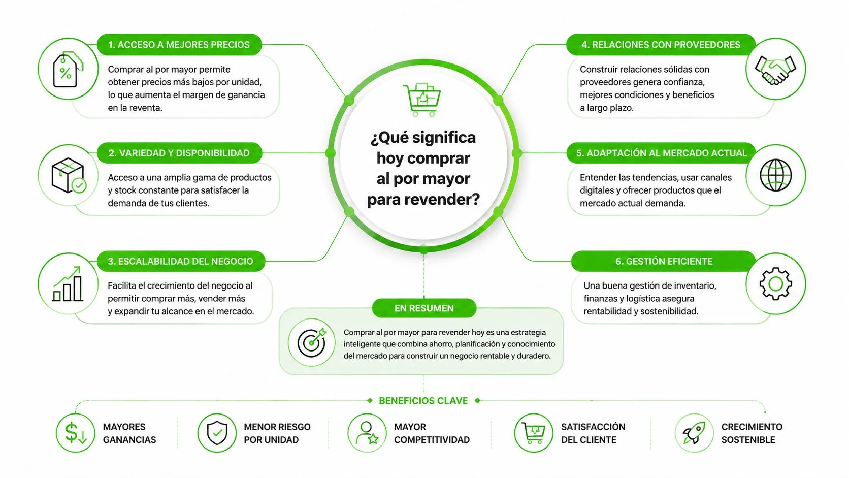 Mapa conceptual que explica los beneficios estratégicos y clave de comprar al por mayor para revender productos.