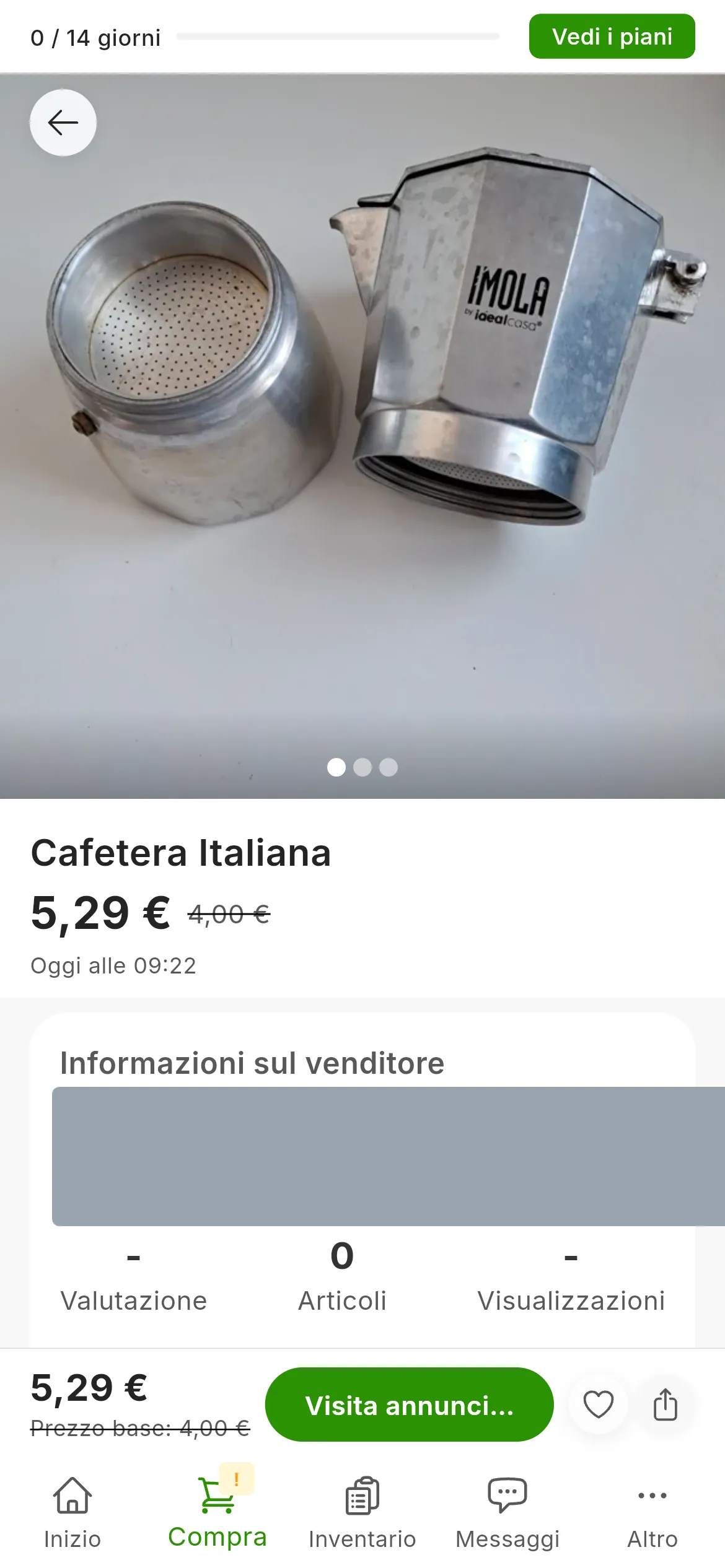 La scheda Dettagli Annuncio di una caffettiera: la foto grande, il titolo, il prezzo e il Prezzo base; accanto, il pulsante Visita annuncio su seguito dal suo marketplace e il riquadro Informazioni sul venditore, con il venditore oscurato