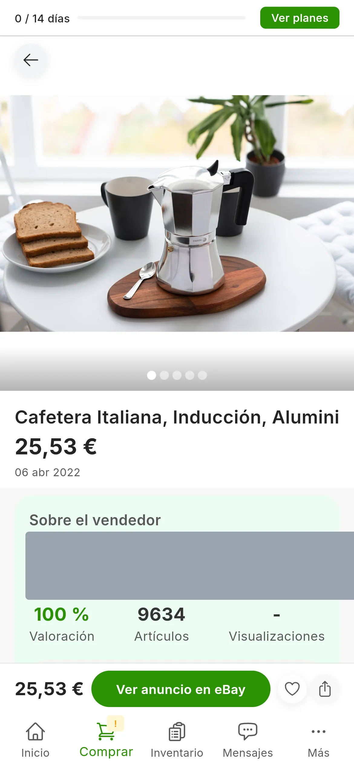 La ficha Detalles del anuncio de una cafetera: la foto grande, el título, el precio y el Precio base; al lado, el botón Ver anuncio en su marketplace y el bloque Sobre el vendedor, con el vendedor tapado