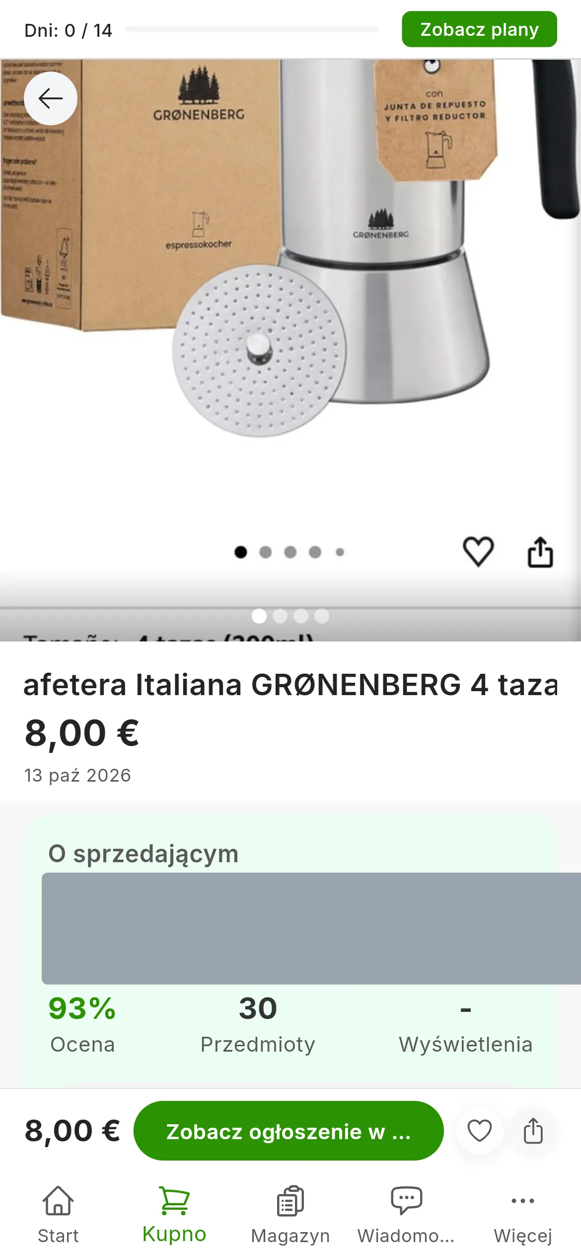 Karta Szczegóły ogłoszenia z kawiarką: duże zdjęcie, tytuł, cena i Cena bazowa; obok przycisk Zobacz ogłoszenie w serwisie z nazwą jej marketplace i blok O sprzedającym z zakrytym sprzedającym