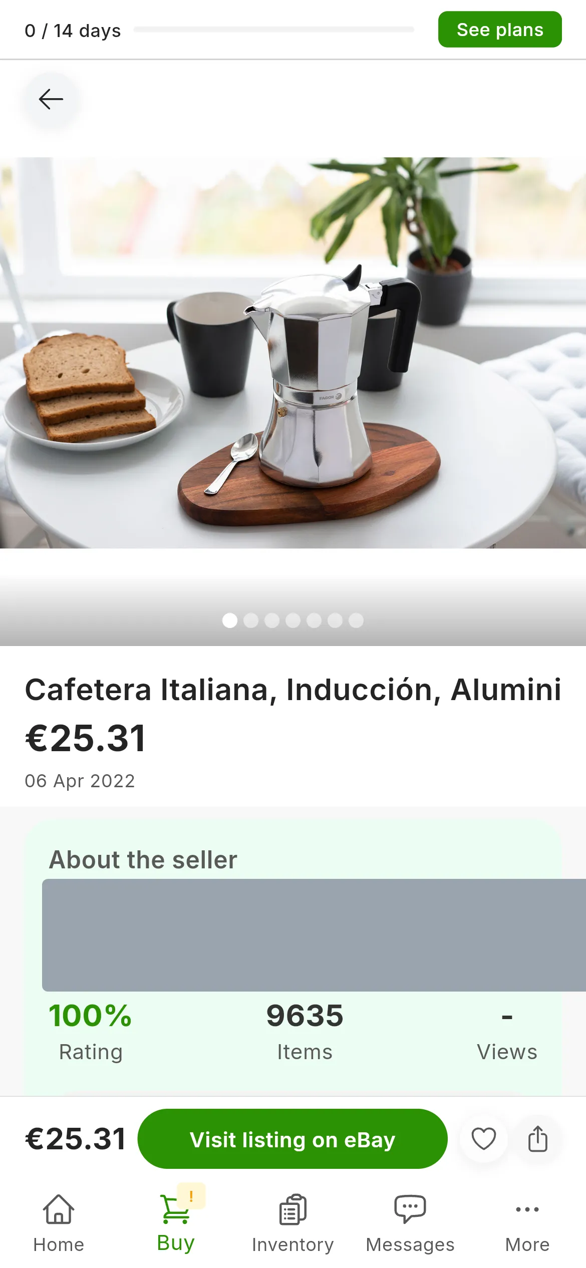 The Listing Details page of a coffee maker: the large photo, the title, the price and the Base price; beside it, the Visit listing on button for its marketplace and the About the seller block, with the seller covered