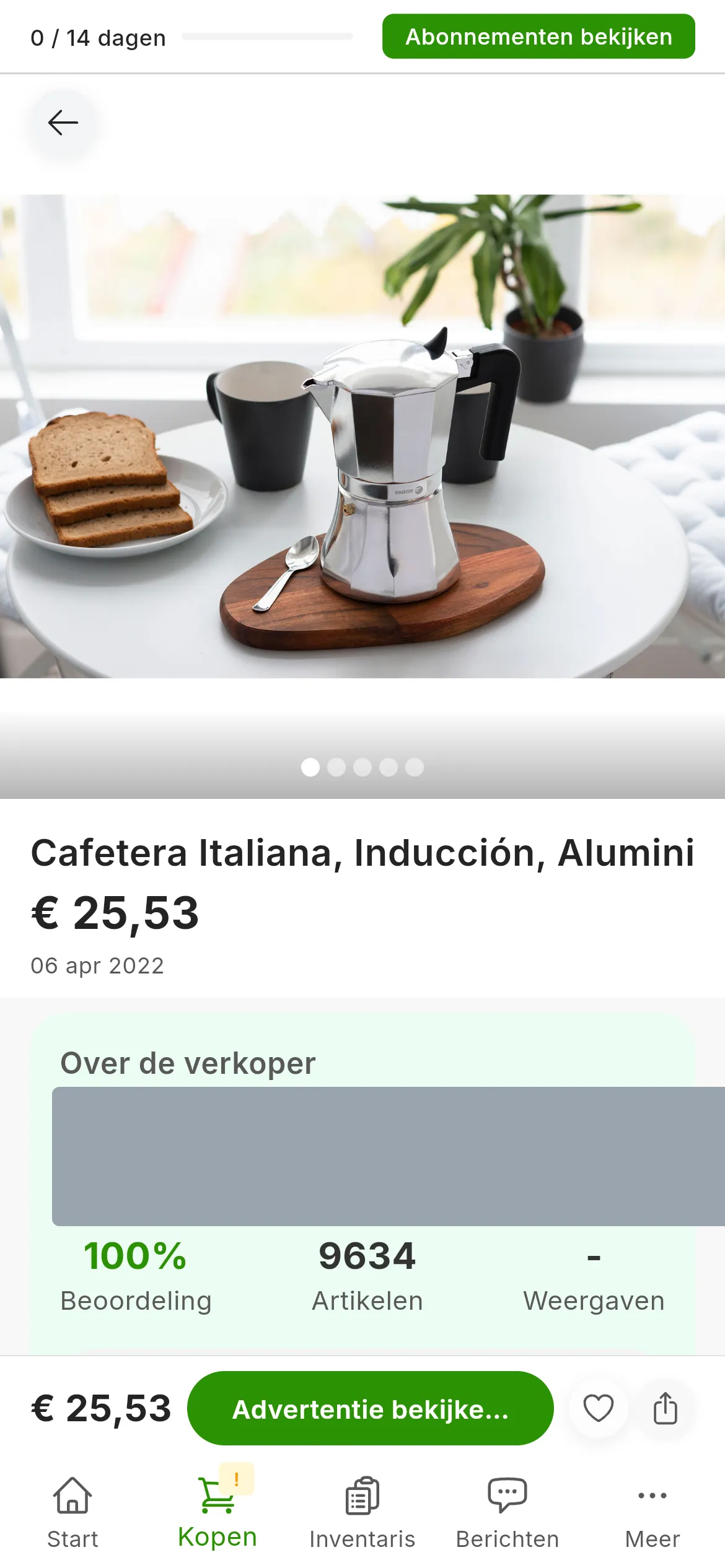 De detailpagina Advertentiegegevens van een percolator: de grote foto, de titel, de prijs en de Basisprijs; ernaast de knop Advertentie bekijken op met de naam van de marketplace en het blok Over de verkoper, met de verkoper afgedekt
