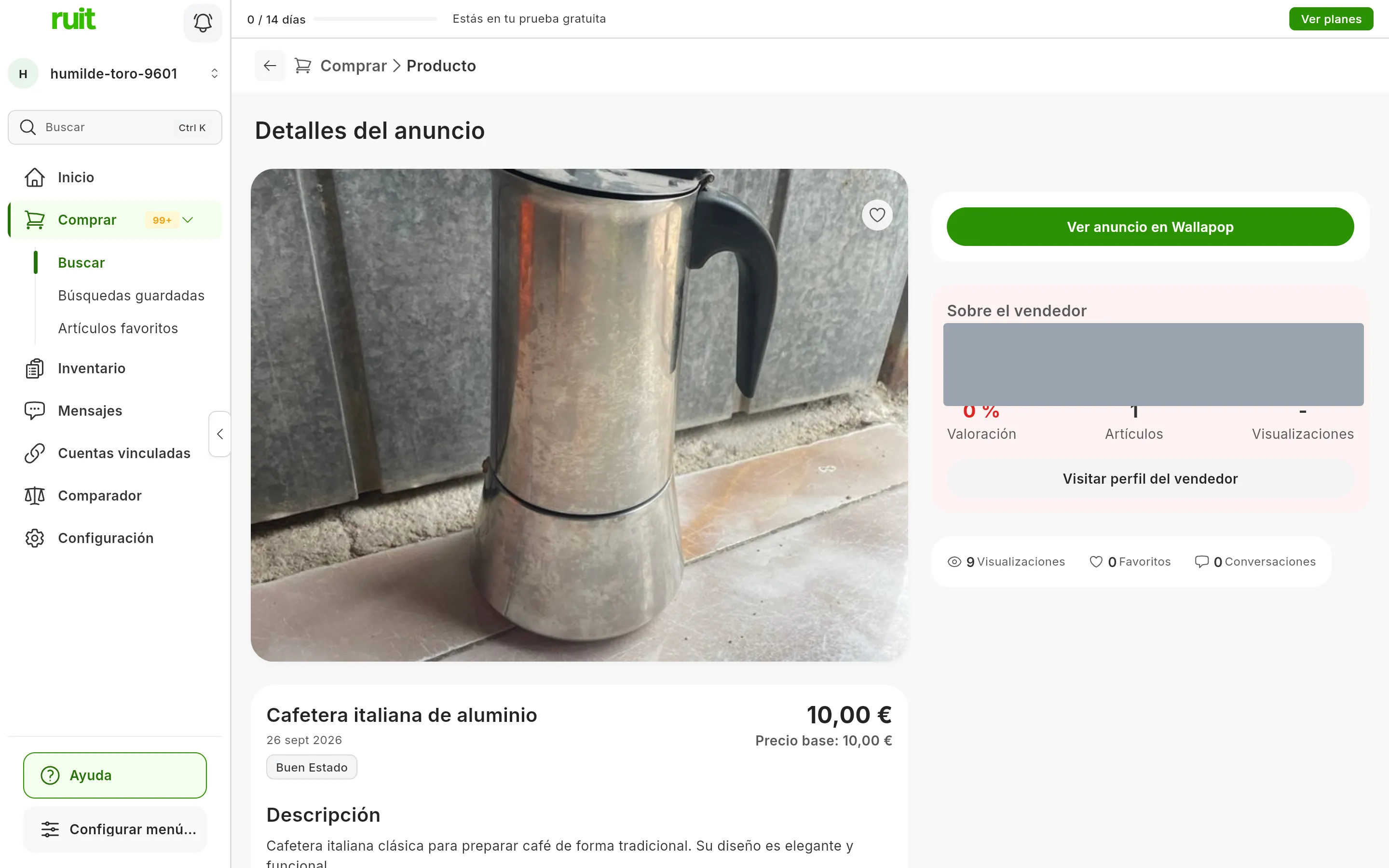 La ficha Detalles del anuncio de una cafetera: la foto grande, el título, el precio y el Precio base; al lado, el botón Ver anuncio en su marketplace y el bloque Sobre el vendedor, con el vendedor tapado