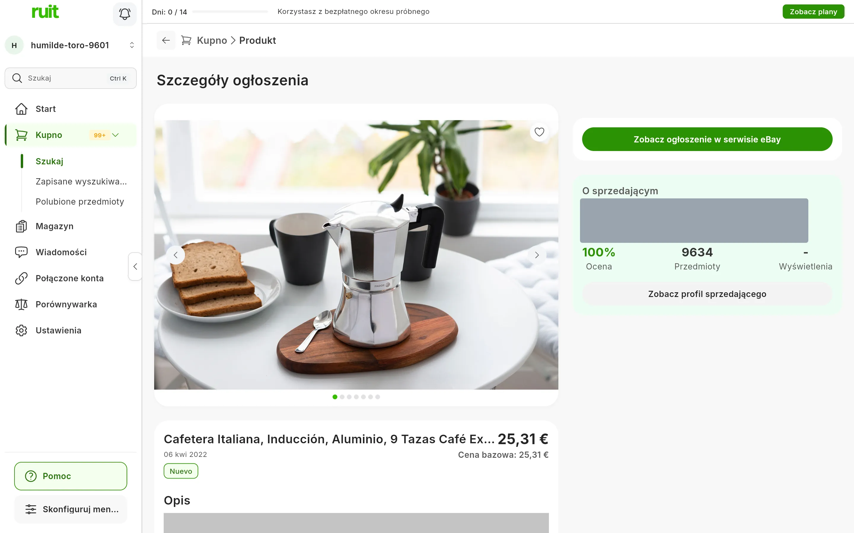 Karta Szczegóły ogłoszenia z kawiarką: duże zdjęcie, tytuł, cena i Cena bazowa; obok przycisk Zobacz ogłoszenie w serwisie z nazwą jej marketplace i blok O sprzedającym z zakrytym sprzedającym