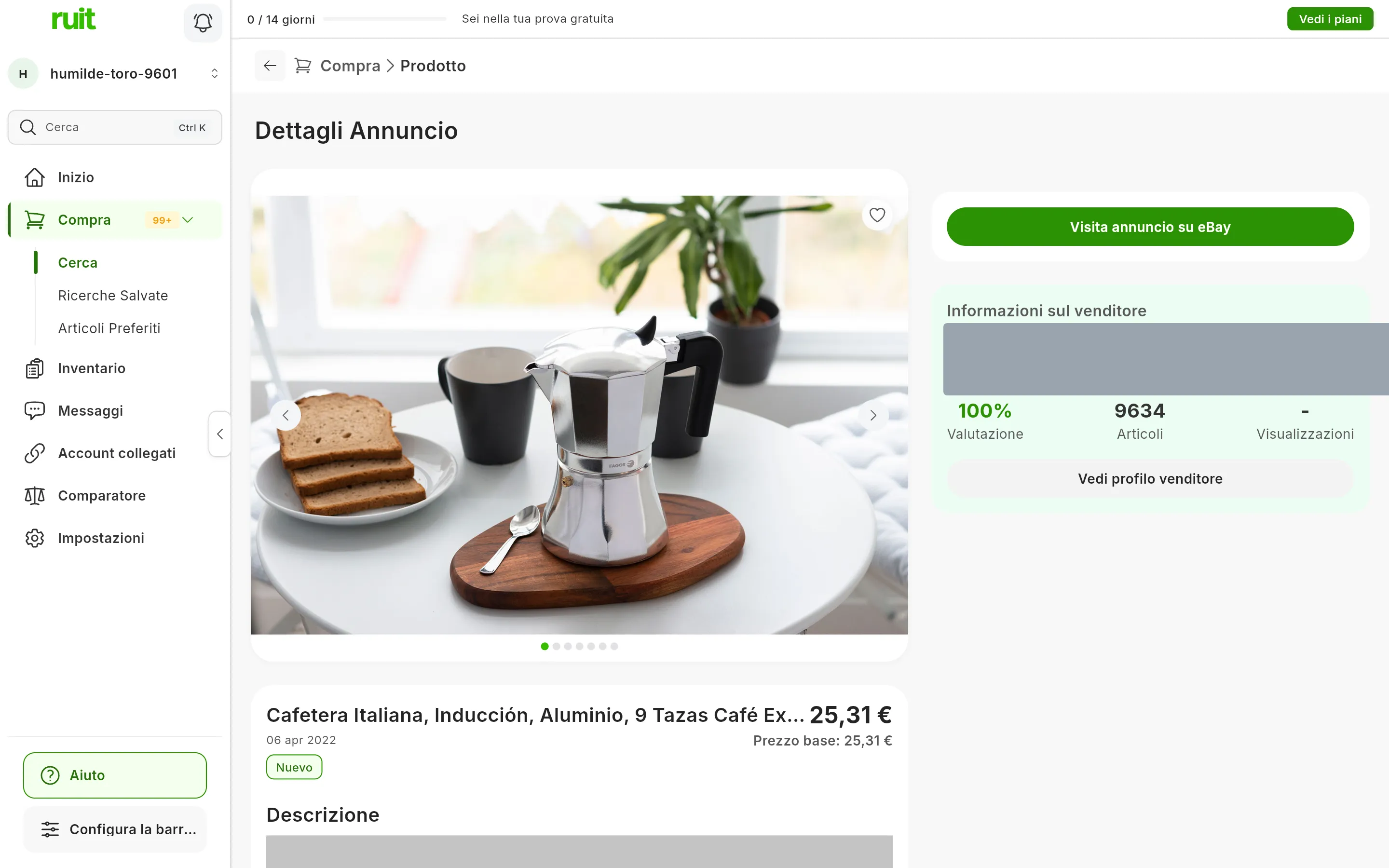 La scheda Dettagli Annuncio di una caffettiera: la foto grande, il titolo, il prezzo e il Prezzo base; accanto, il pulsante Visita annuncio su seguito dal suo marketplace e il riquadro Informazioni sul venditore, con il venditore oscurato