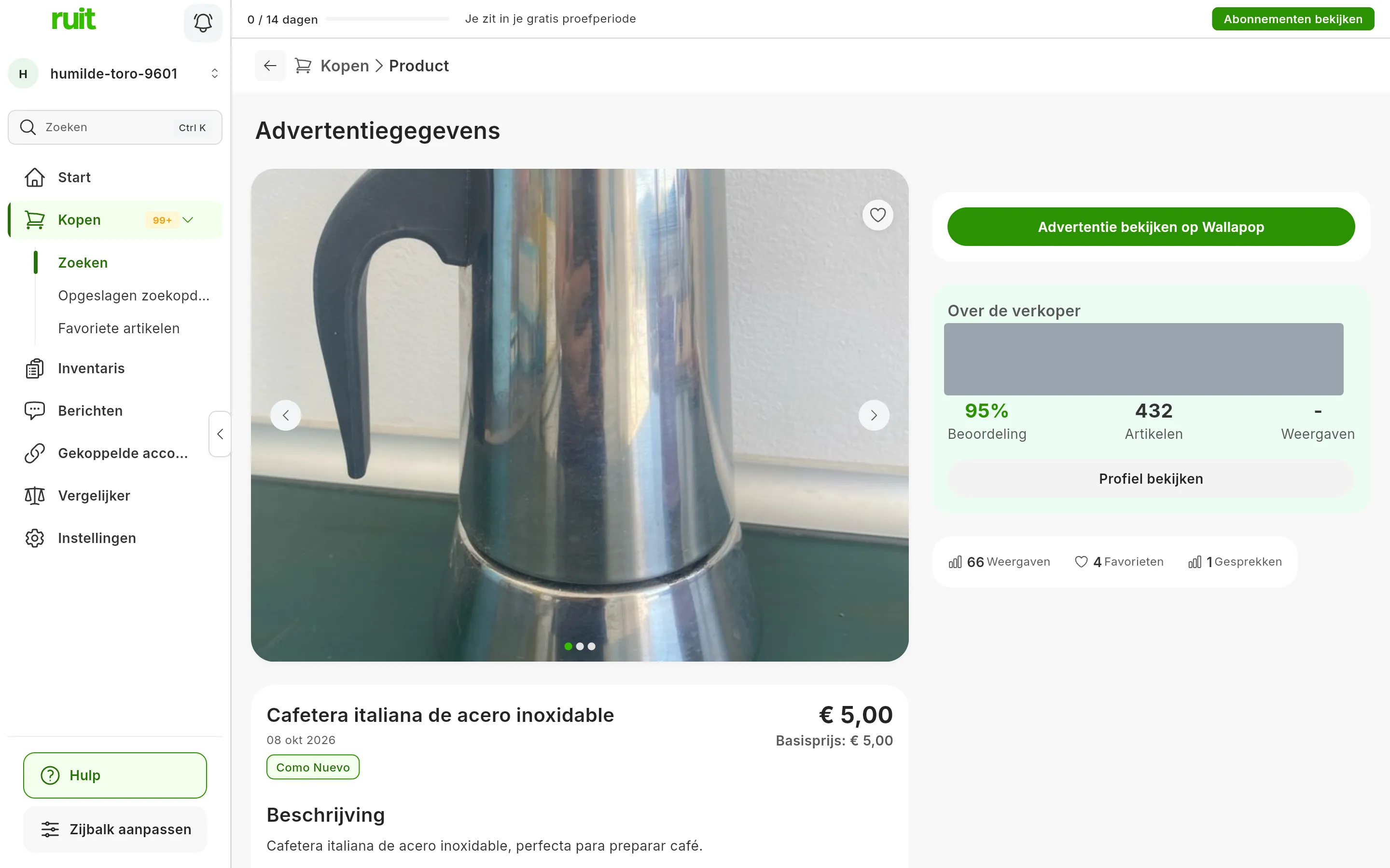 De detailpagina Advertentiegegevens van een percolator: de grote foto, de titel, de prijs en de Basisprijs; ernaast de knop Advertentie bekijken op met de naam van de marketplace en het blok Over de verkoper, met de verkoper afgedekt