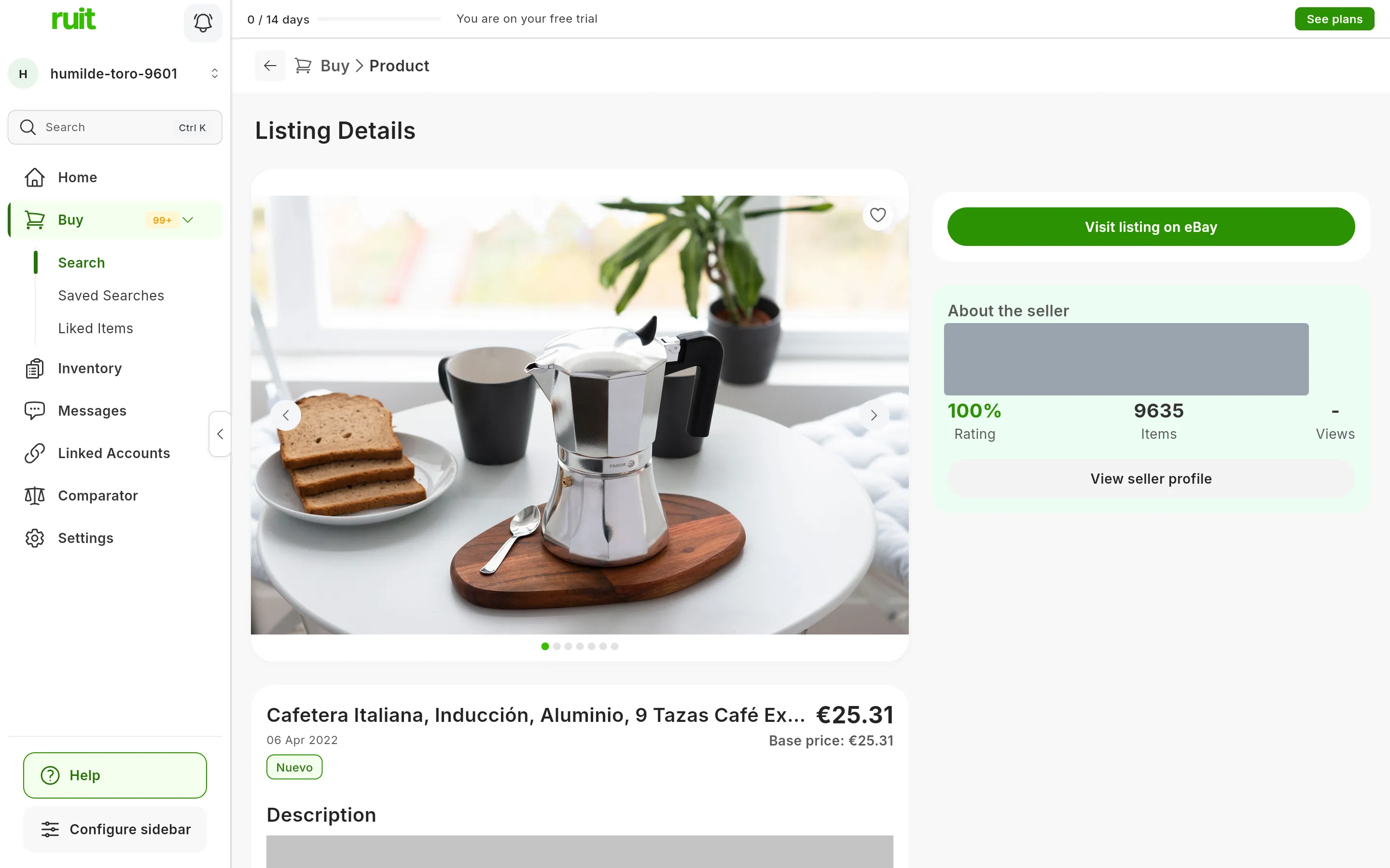 The Listing Details page of a coffee maker: the large photo, the title, the price and the Base price; beside it, the Visit listing on button for its marketplace and the About the seller block, with the seller covered