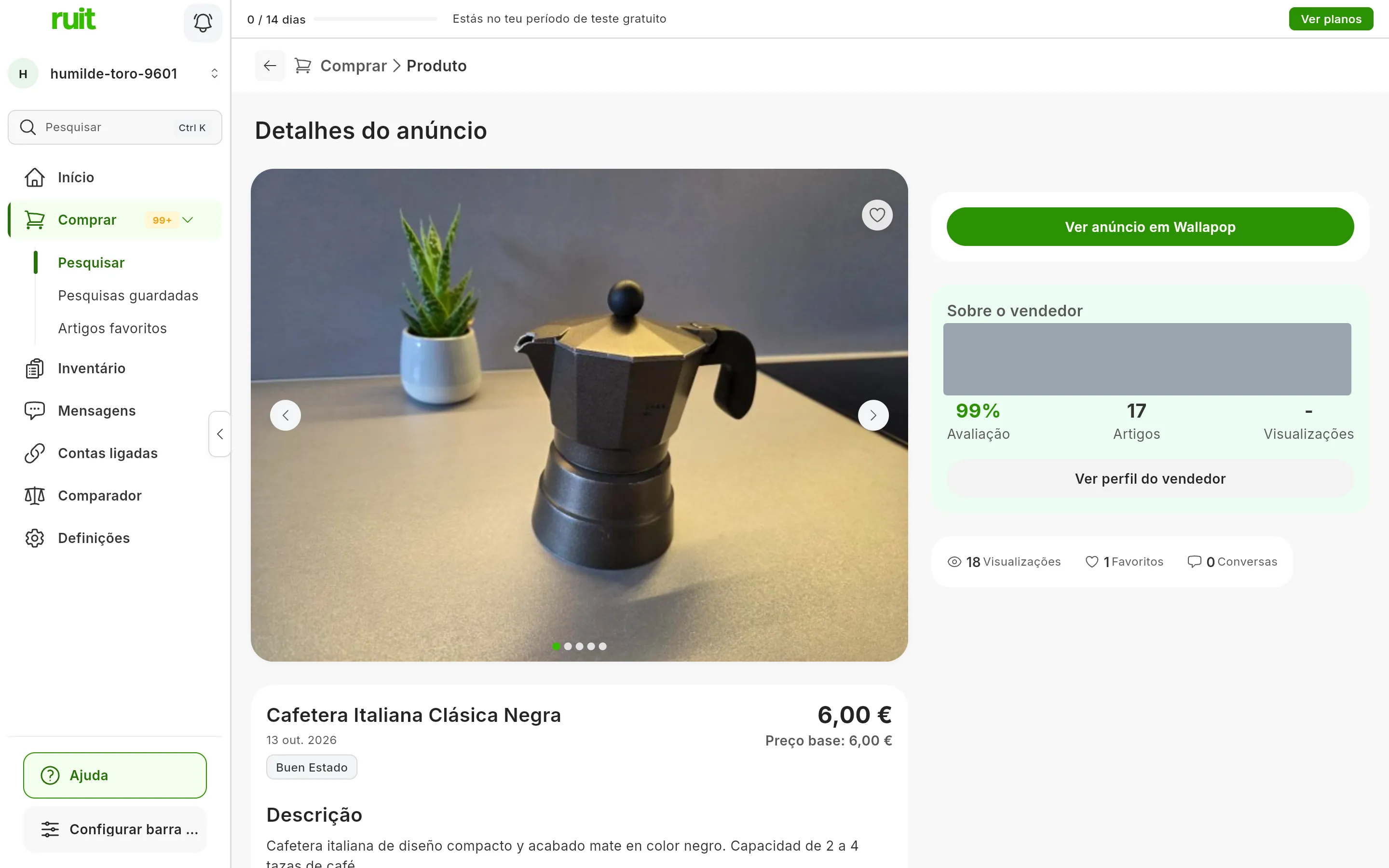 A ficha Detalhes do anúncio de uma cafeteira: a foto grande, o título, o preço e o Preço base; ao lado, o botão Ver anúncio em com o nome do marketplace e o bloco Sobre o vendedor, com o vendedor tapado