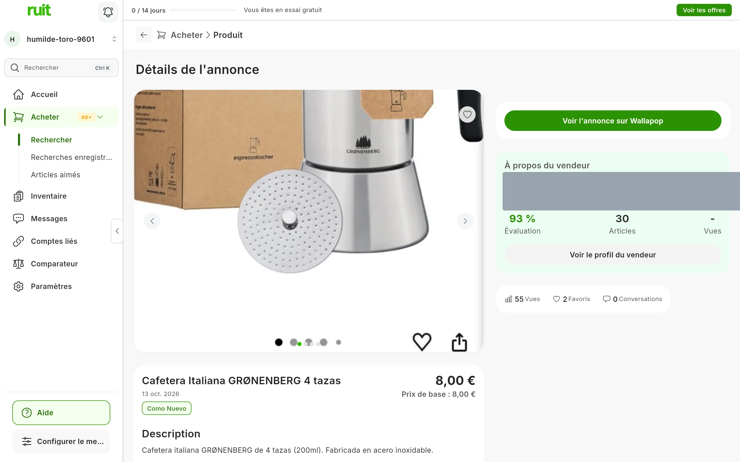 La fiche Détails de l'annonce d'une cafetière : la grande photo, le titre, le prix et le Prix de base ; à côté, le bouton Voir l'annonce sur sa marketplace et le bloc À propos du vendeur, avec le vendeur masqué