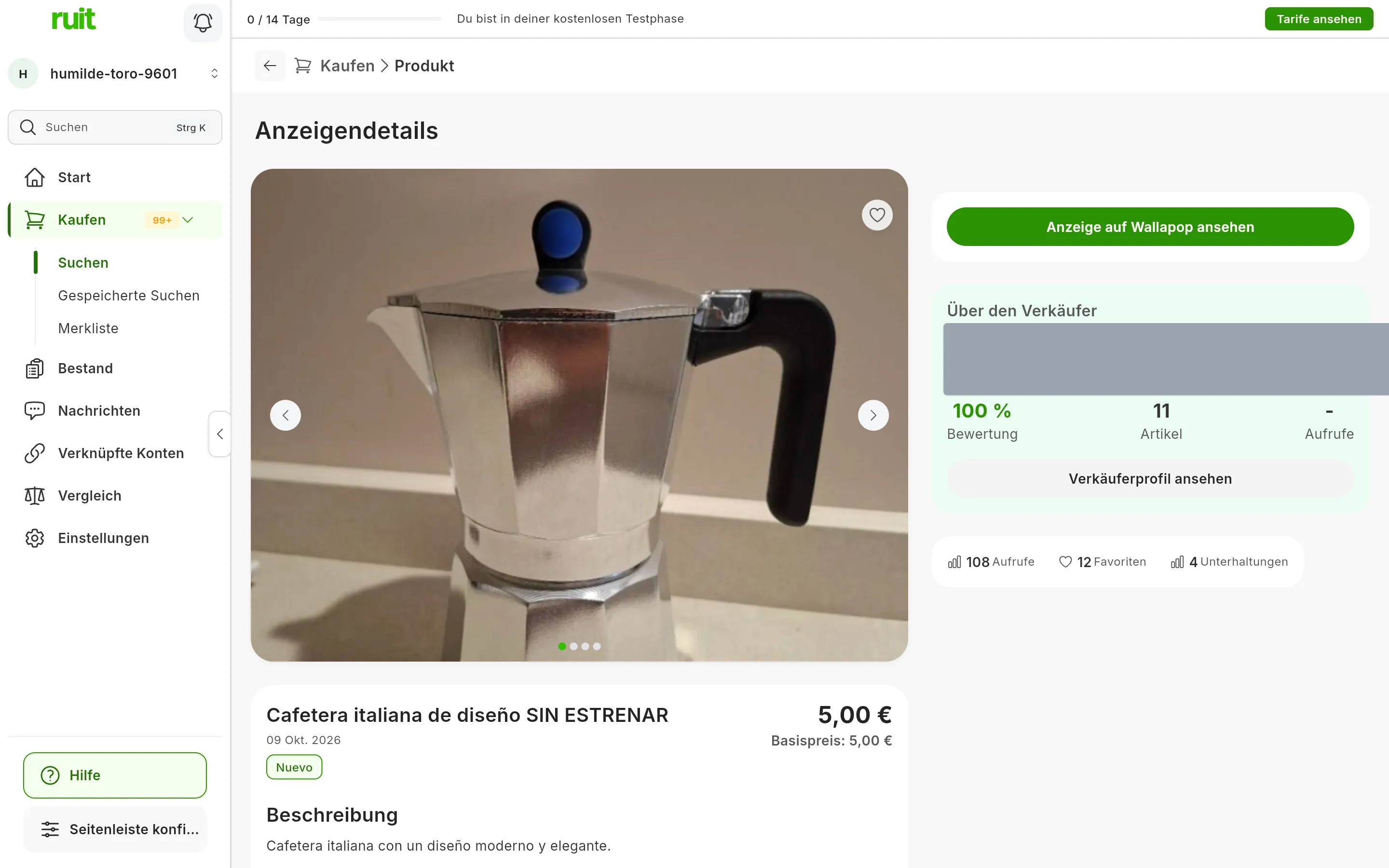 Die Detailseite Anzeigendetails einer Espressokanne: das große Foto, der Titel, der Preis und der Basispreis; daneben die Schaltfläche, die die Anzeige auf ihrem Marktplatz öffnet, und der Block Über den Verkäufer, in dem der Verkäufer verdeckt ist