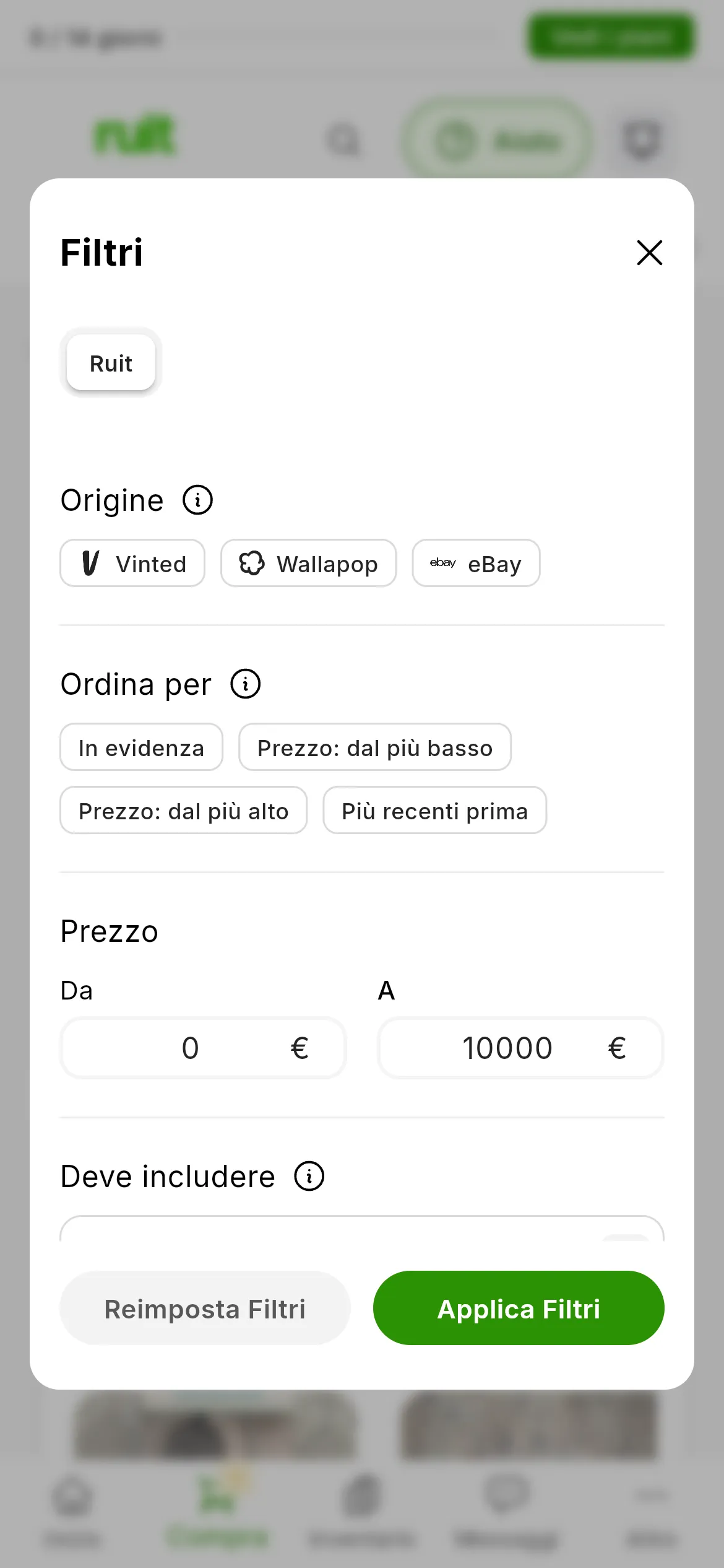 Il pannello Filtri aperto: Origine con Vinted, Wallapop ed eBay, il prezzo Da e A, Deve includere, Deve escludere e i pulsanti Reimposta Filtri e Applica Filtri