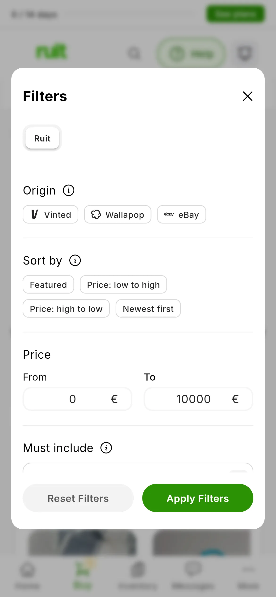 The Filters panel open: Origin with Vinted, Wallapop and eBay, the price From and To, Must include, Must exclude and the Reset Filters and Apply Filters buttons