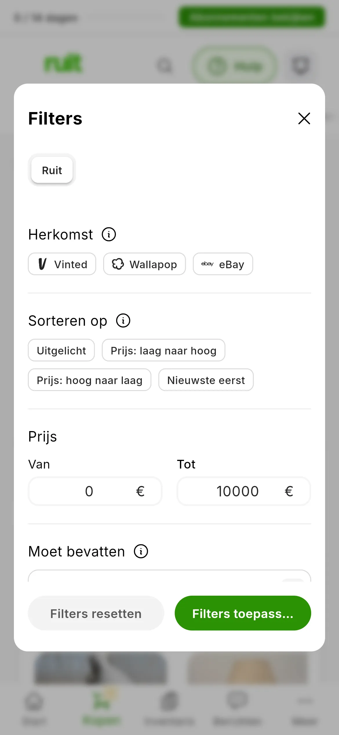 Het paneel Filters geopend: Herkomst met Vinted, Wallapop en eBay, de prijs Van en Tot, Moet bevatten, Moet uitsluiten en de knoppen Filters resetten en Filters toepassen
