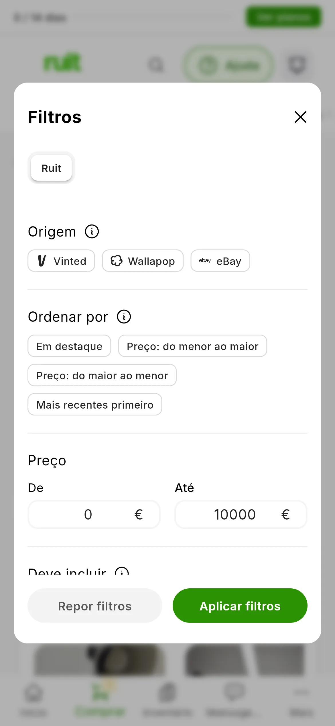 O painel Filtros aberto: Origem com Vinted, Wallapop e eBay, o preço De e Até, Deve incluir, Deve excluir e os botões Repor filtros e Aplicar filtros