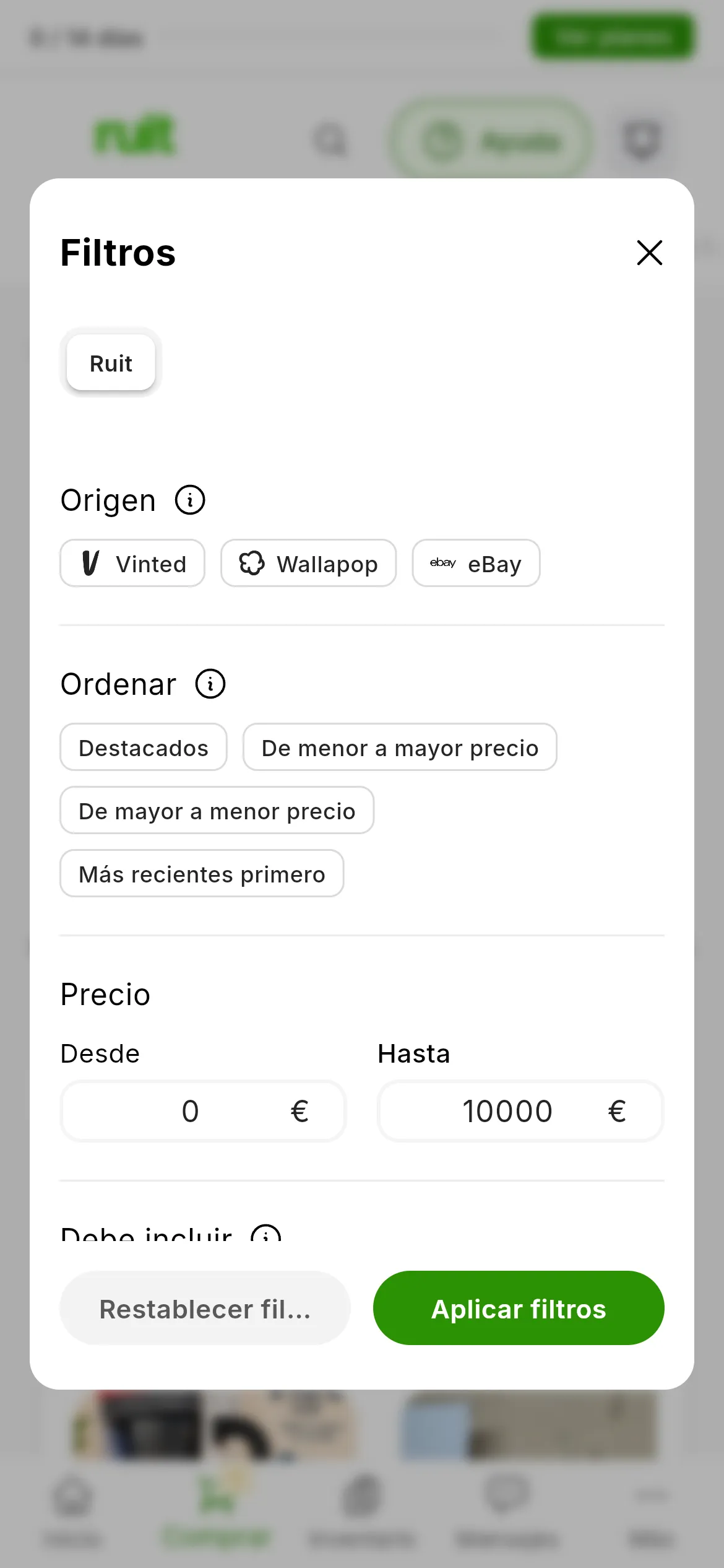 El panel Filtros abierto: Origen con Vinted, Wallapop y eBay, el precio Desde y Hasta, Debe incluir, Debe excluir y los botones Restablecer filtros y Aplicar filtros