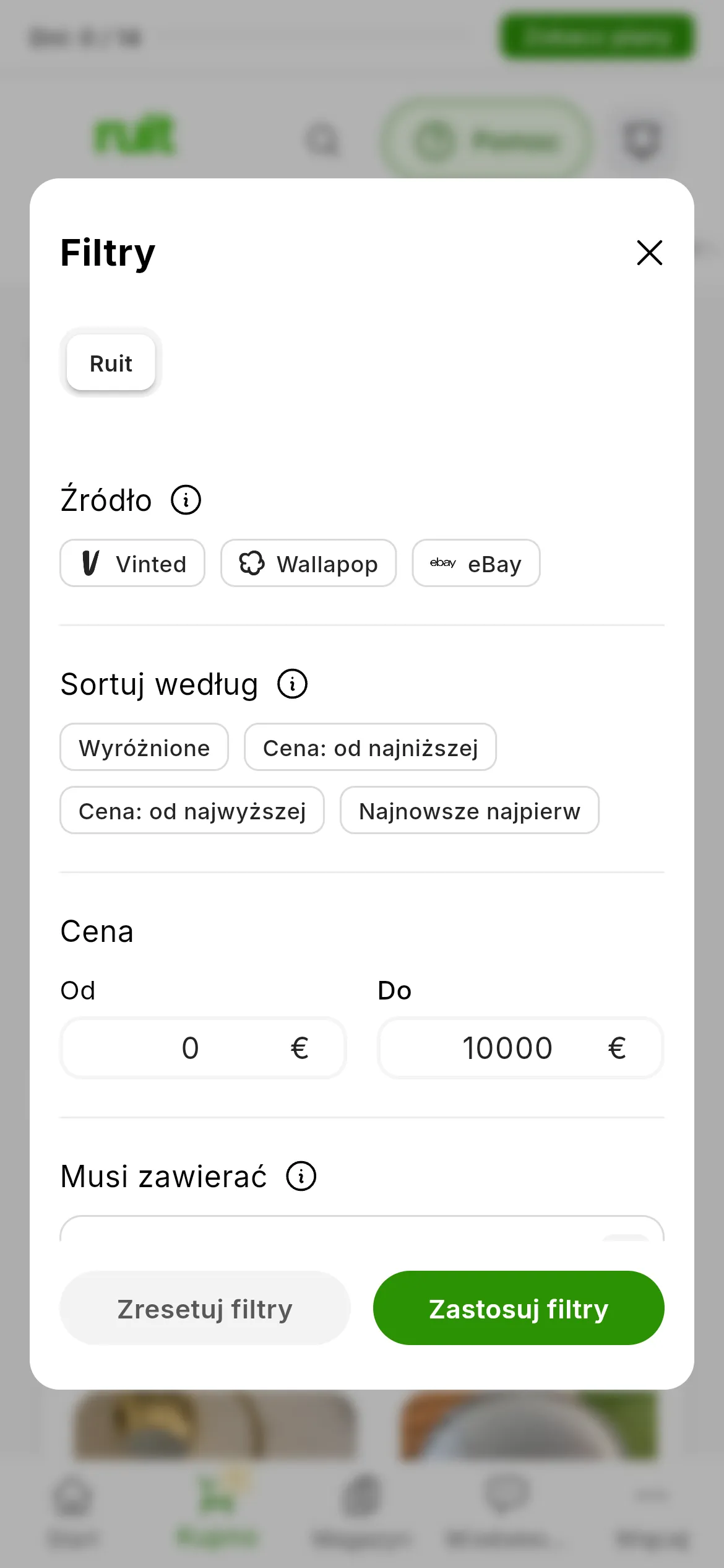 Otwarty panel Filtry: Źródło z Vinted, Wallapop i eBay, cena Od i Do, Musi zawierać, Musi wykluczać oraz przyciski Zresetuj filtry i Zastosuj filtry