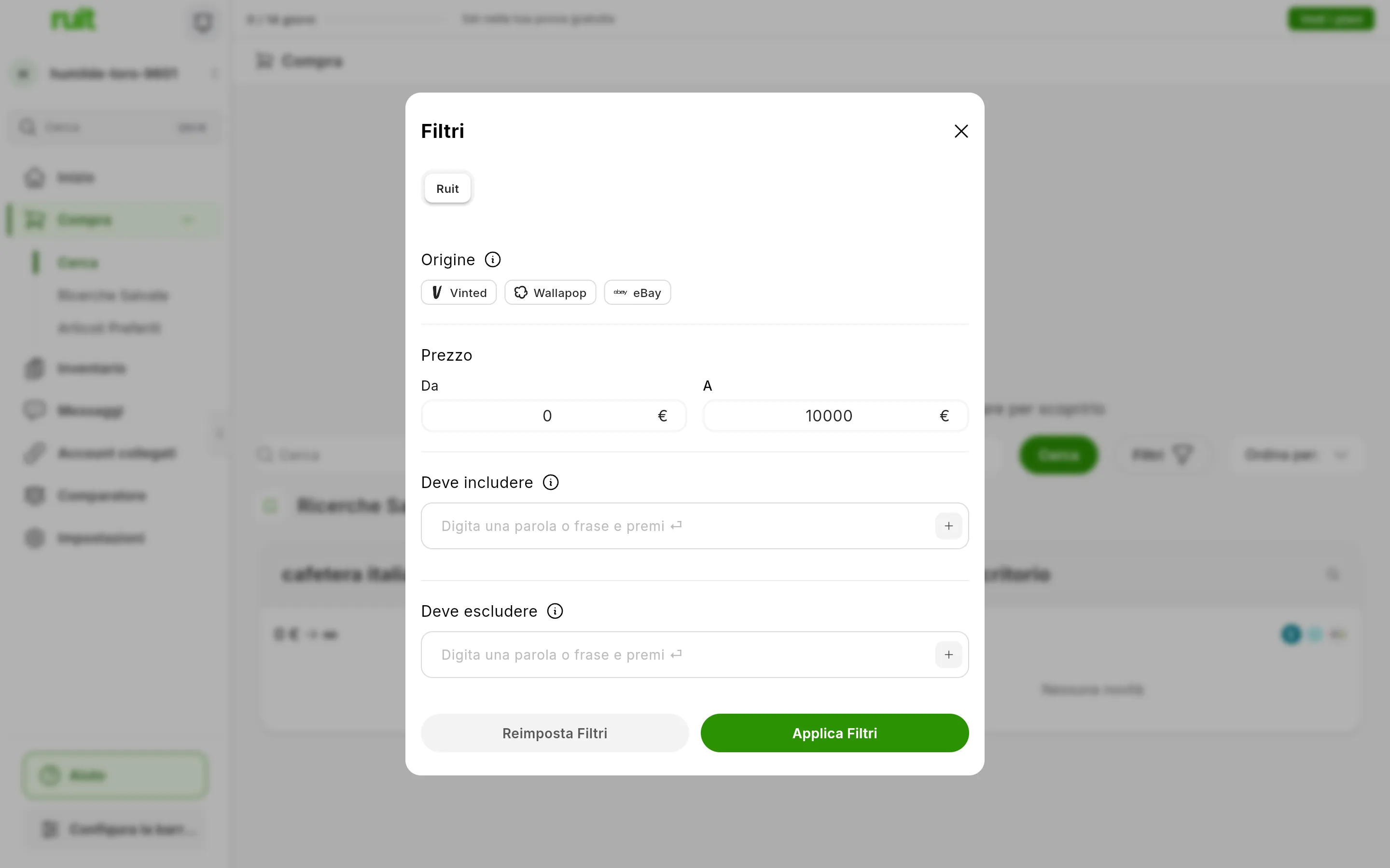 Il pannello Filtri aperto: Origine con Vinted, Wallapop ed eBay, il prezzo Da e A, Deve includere, Deve escludere e i pulsanti Reimposta Filtri e Applica Filtri